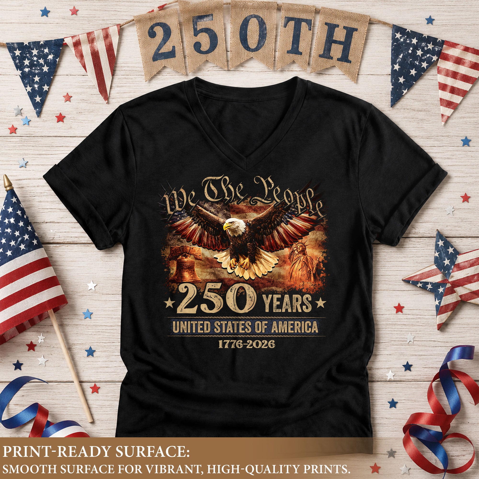 Patriotic Eagle Liberty Bell V-Neck Shirt Vintage 1776-2026 America 250 Years Tee