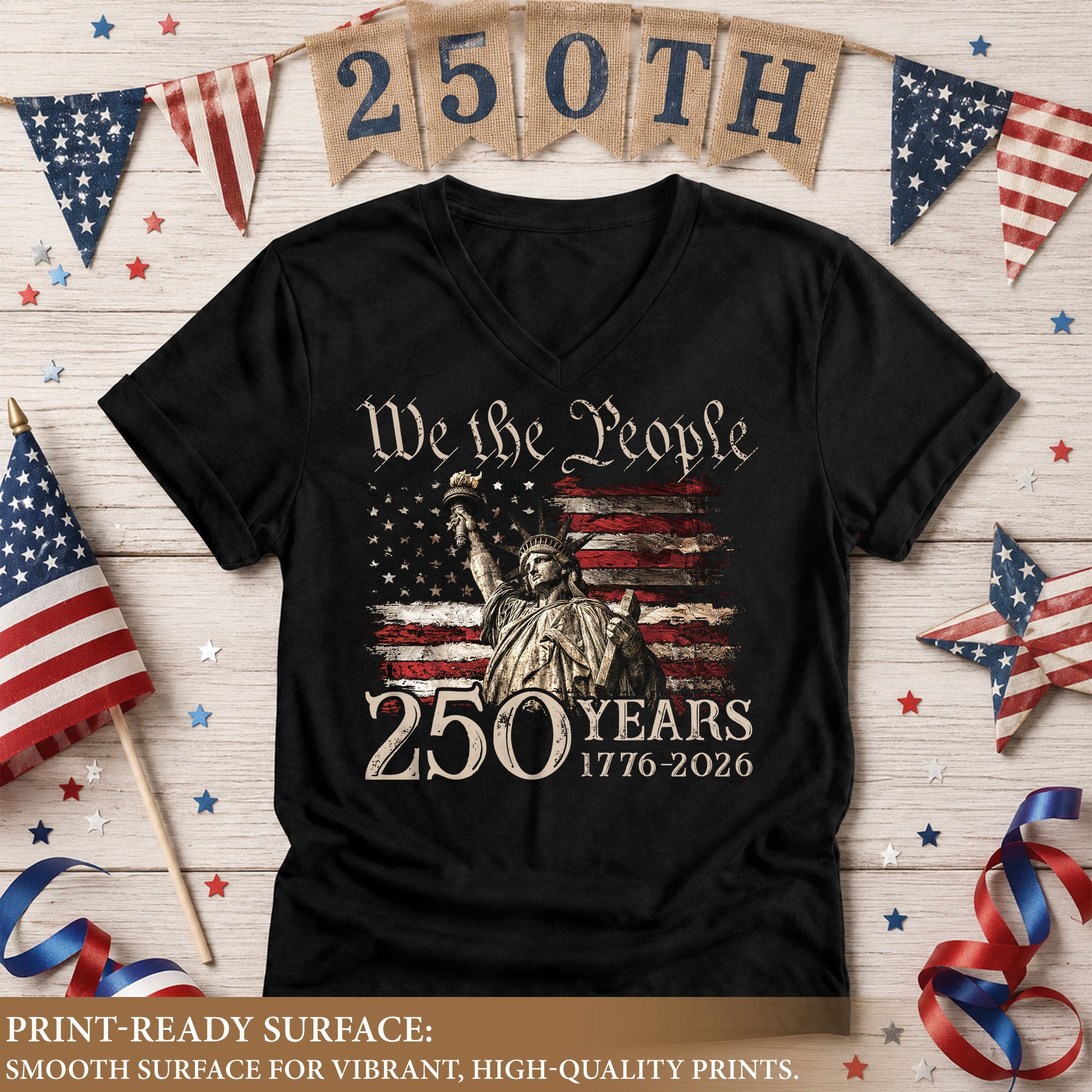 250 Years We The People V-Neck T-Shirt Patriotic Statue of Liberty USA 1776-2026