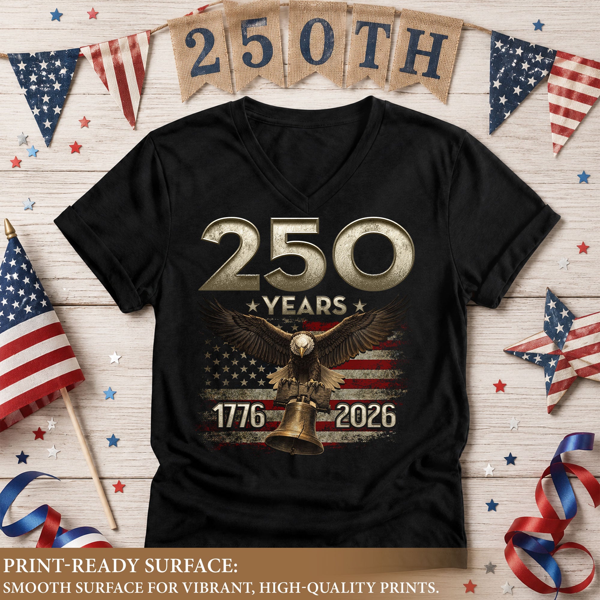 250 Years Eagle V-Neck T-Shirt Patriotic USA Flag 1776-2026 American Freedom Tee