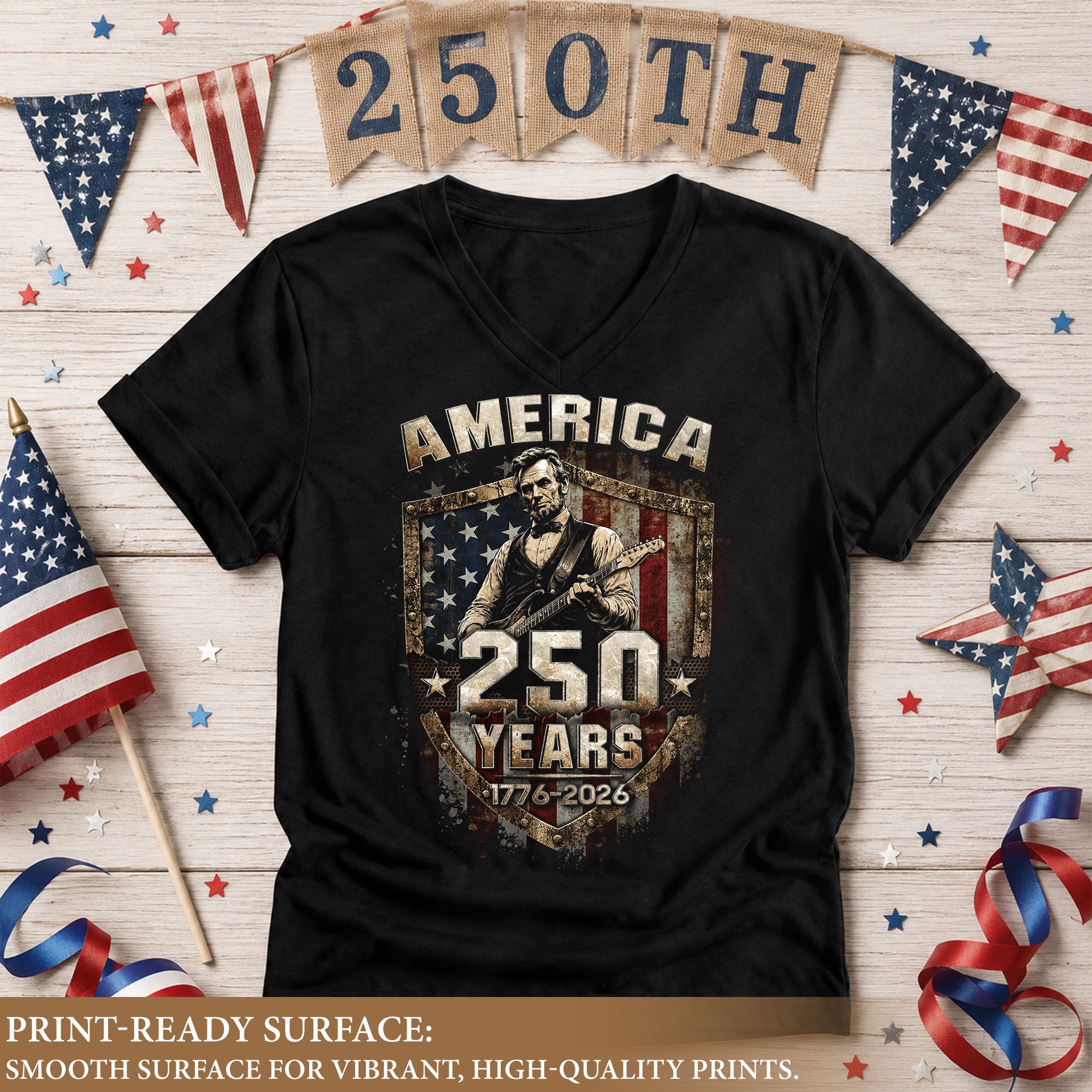 America 250 Years V-Neck T-Shirt Abraham Lincoln Patriotic USA 1776-2026 Tee