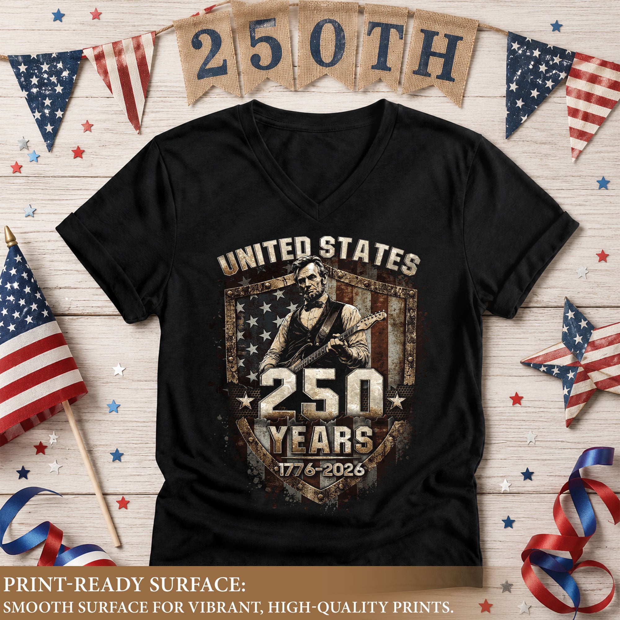 America 250 Years V-Neck T-Shirt Abraham Lincoln Patriotic USA 1776-2026 Tee