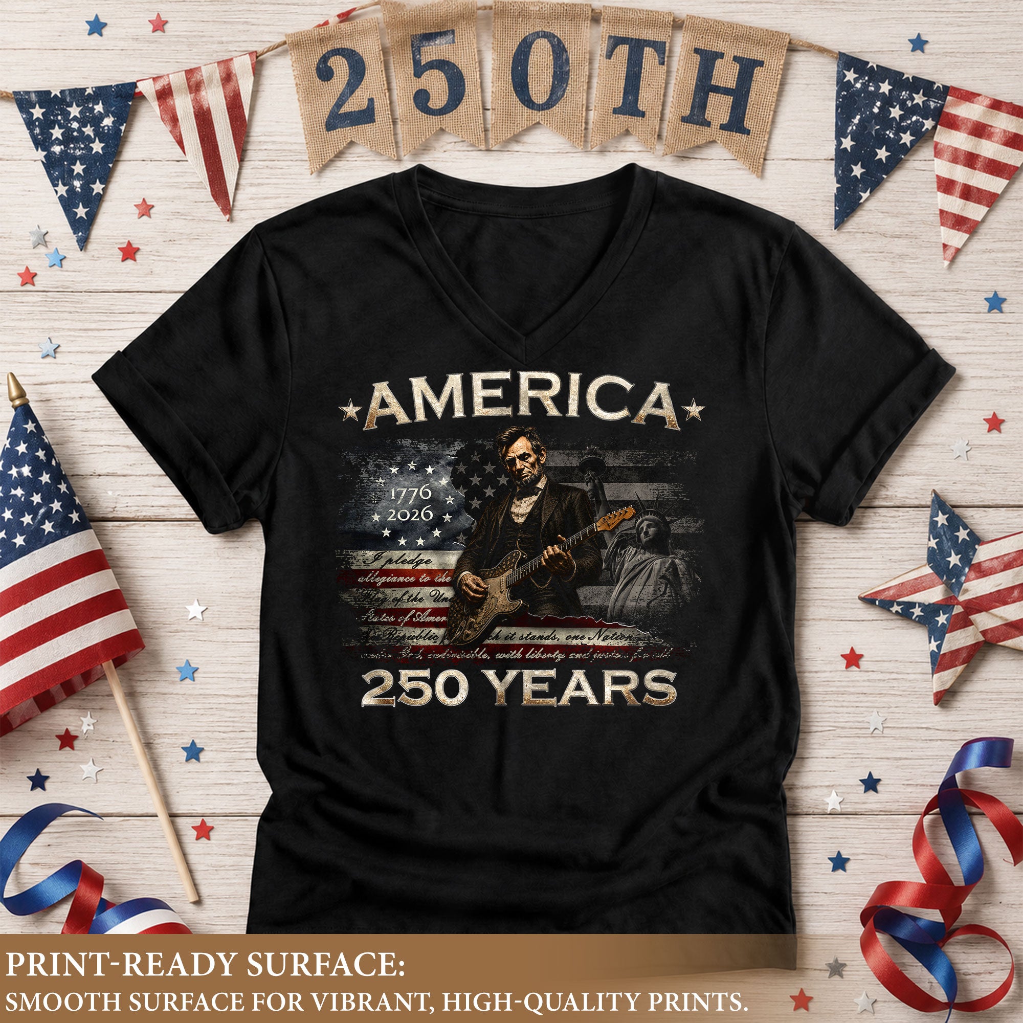 America 250 Years V-Neck T-Shirt Lincoln Guitar Patriotic USA 1776-2026 Tee