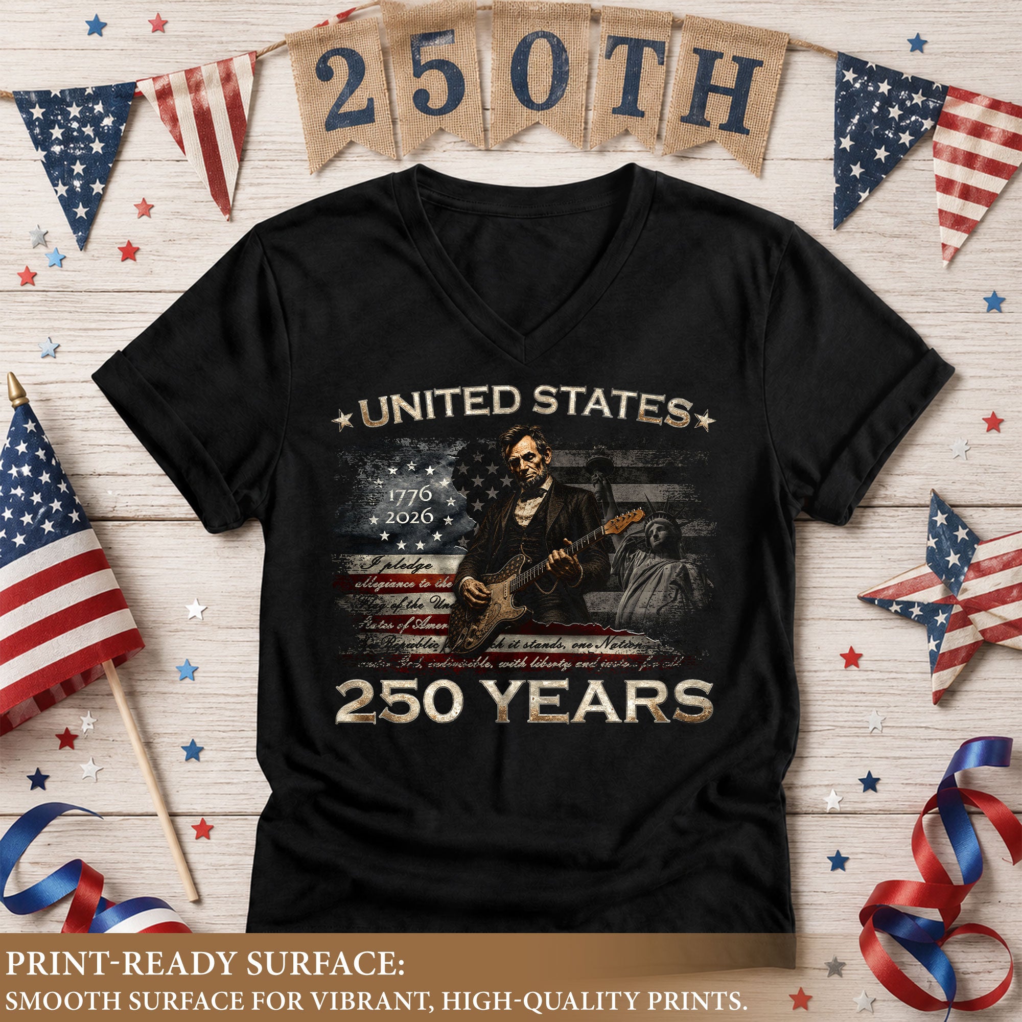 America 250 Years V-Neck T-Shirt Lincoln Guitar Patriotic USA 1776-2026 Tee