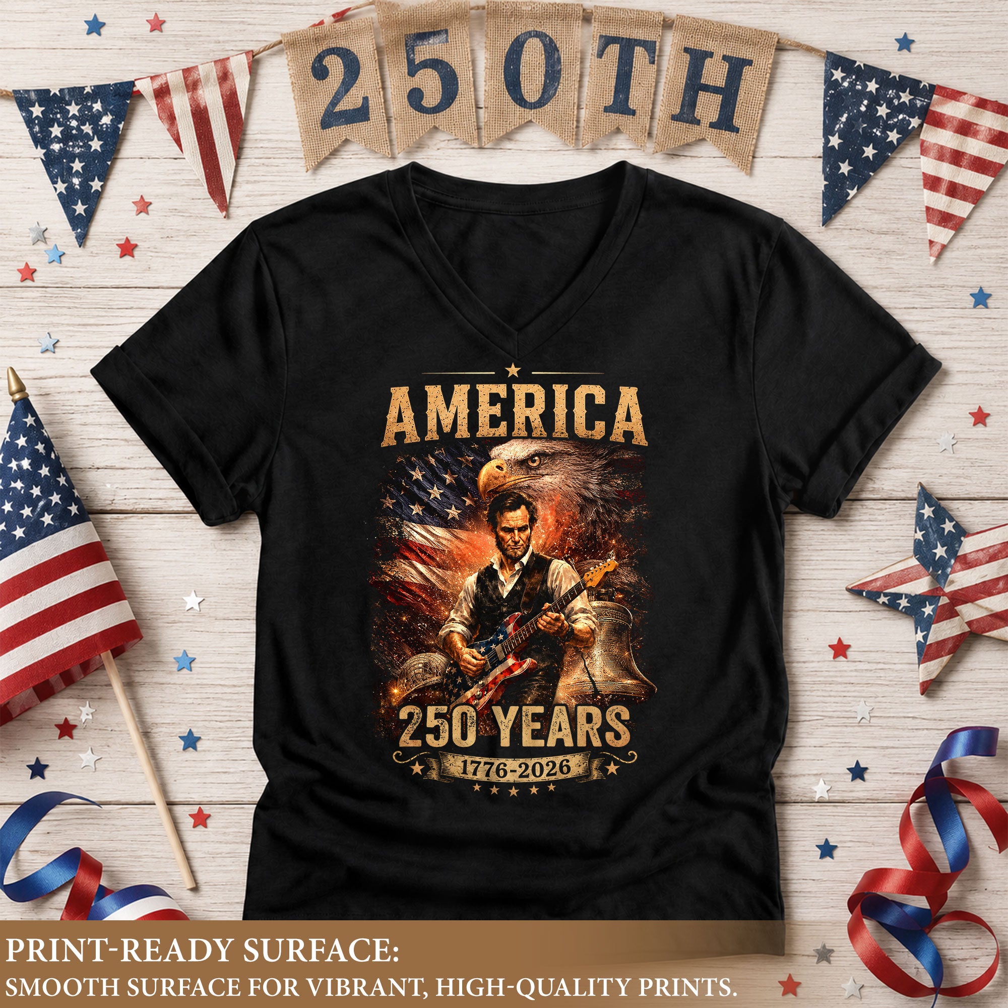 America 250 Years V-Neck T-Shirt Eagle Lincoln Guitar Patriotic USA 1776-2026