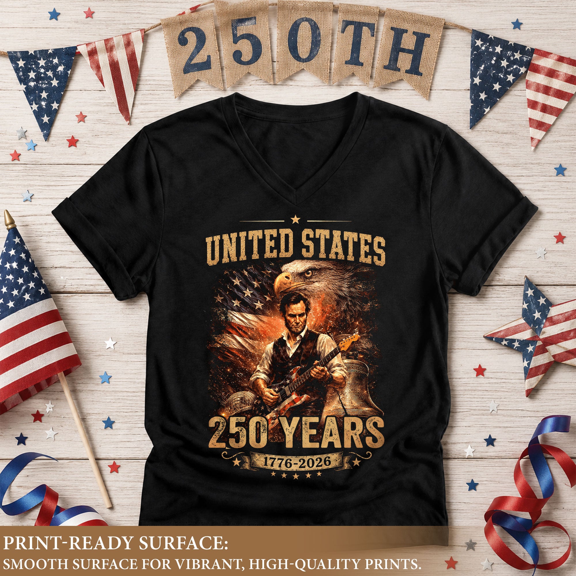 America 250 Years V-Neck T-Shirt Eagle Lincoln Guitar Patriotic USA 1776-2026