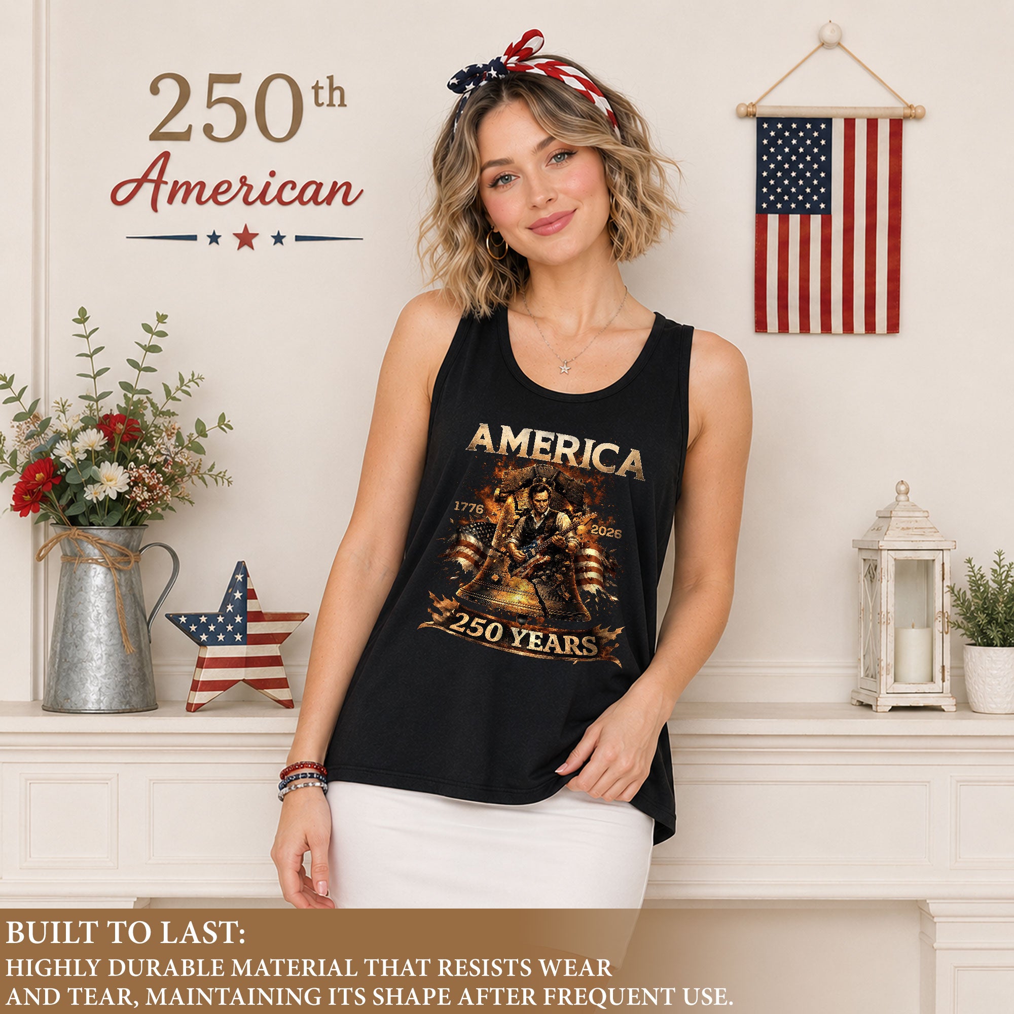 Lincoln Women Tank Top Liberty Bell Guitar Graphic 1776 2026 250 Years Patriotic Shirt