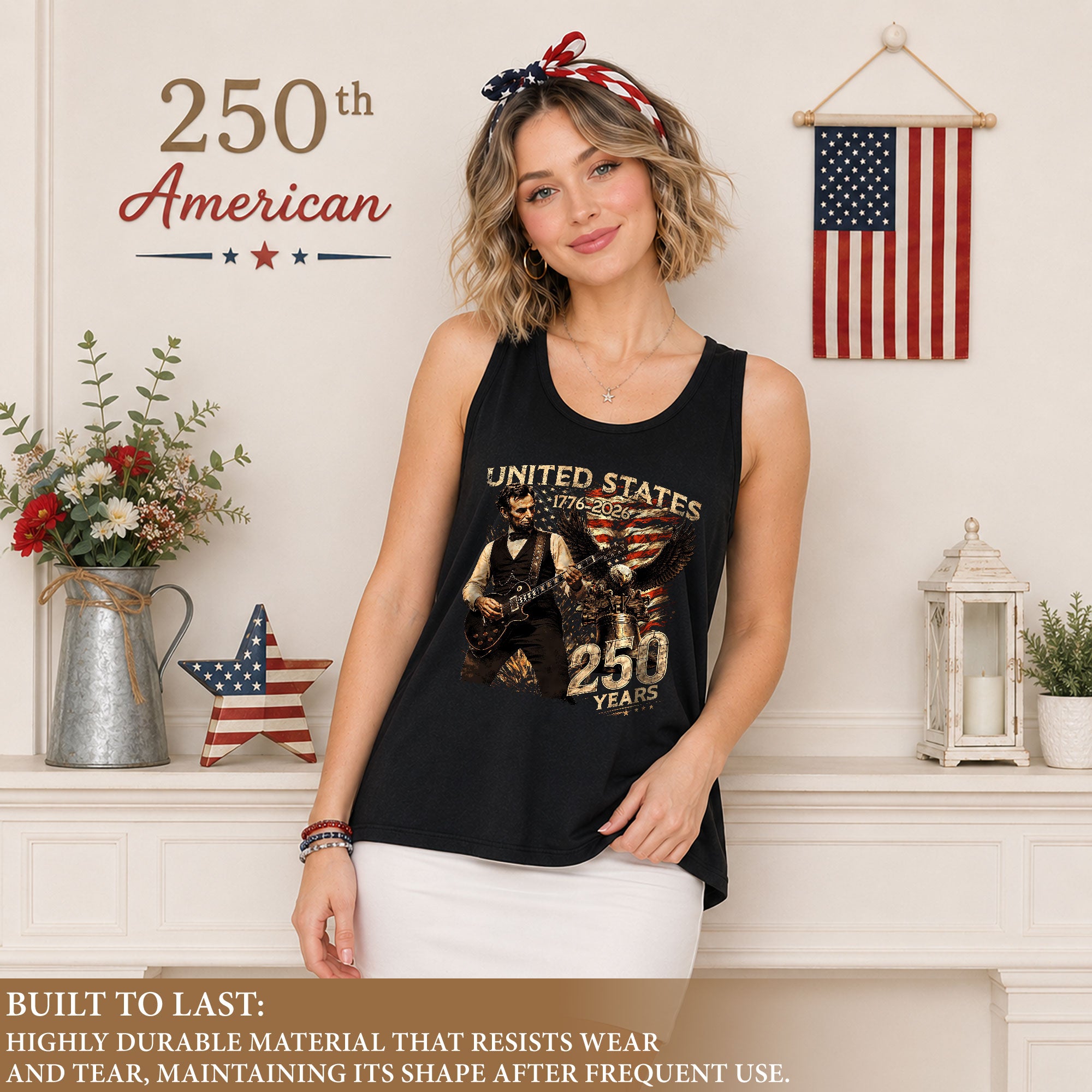 Abraham Lincoln Women Tank Top Bald Eagle Liberty Bell Guitar 1776 2026 250 Years Shirt - Rust Field Wear