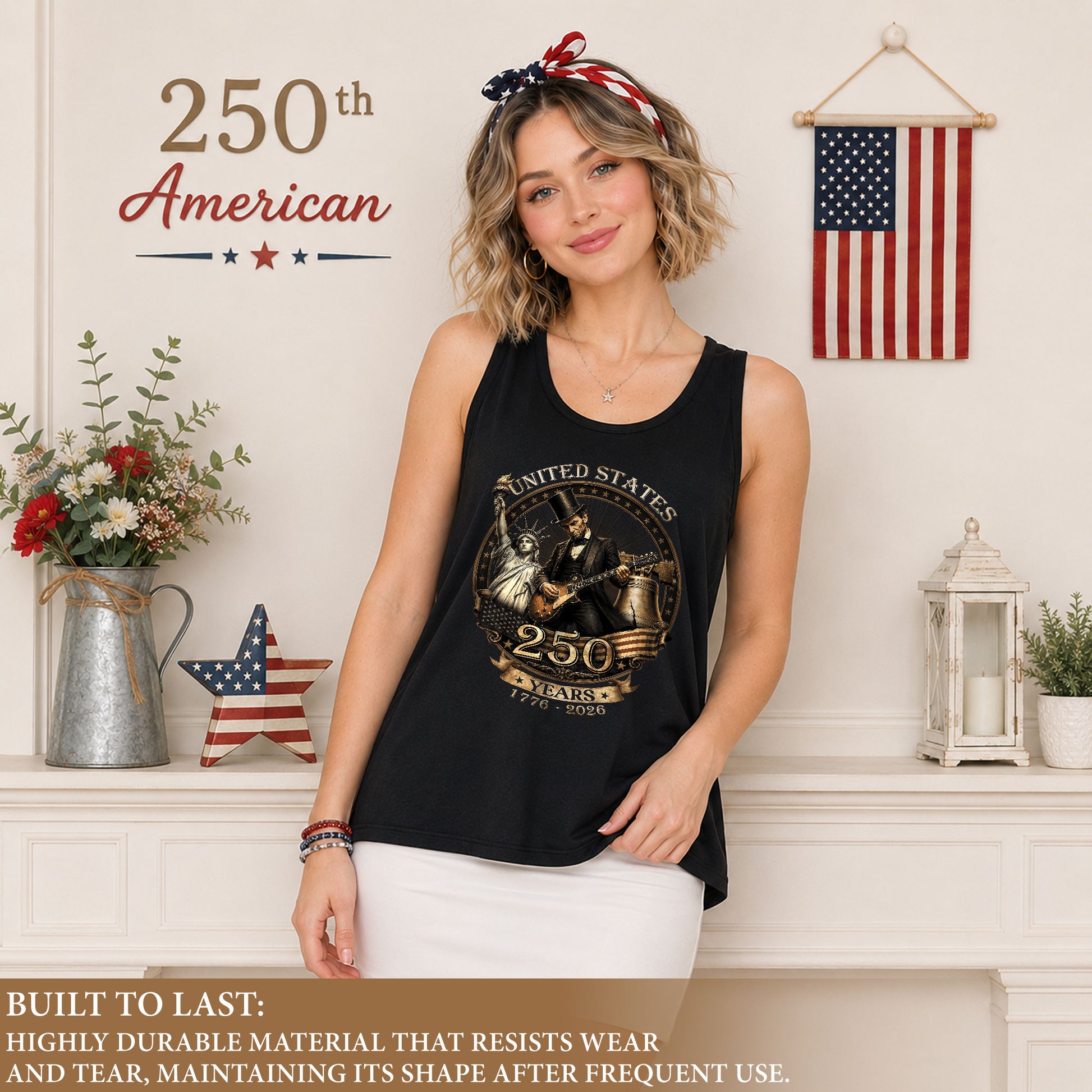 Abraham Lincoln Women Tank Top Statue of Liberty Guitar 1776 2026 250 Years Graphic Shirt - Rust Field Wear