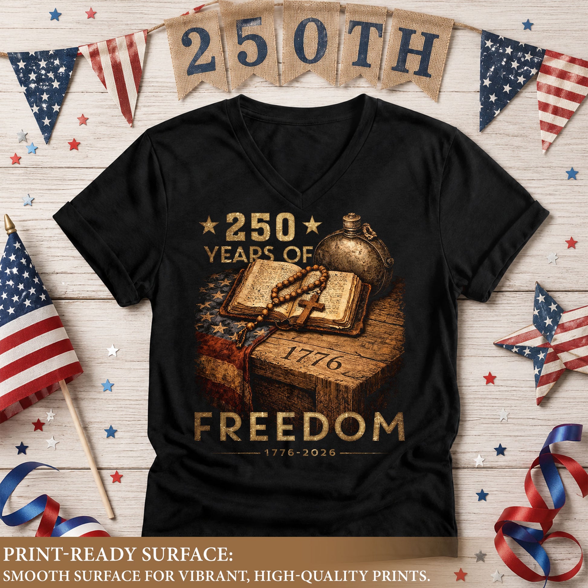 250 Years of Freedom Women's V-Neck T-Shirt 1776-2026 Patriotic Faith Tee - Rust Field Wear