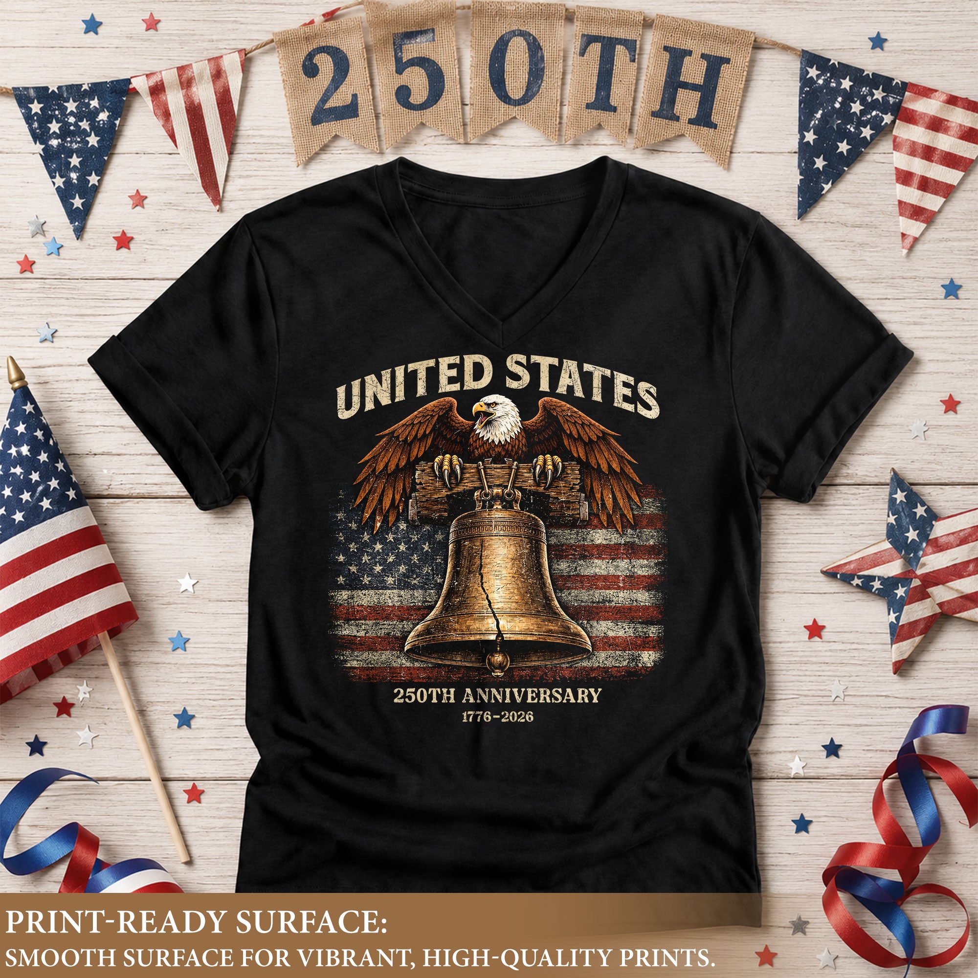 Women's United States 250th Anniversary V-Neck Shirt Eagle Liberty Bell Freedom Tee - Rust Field Wear