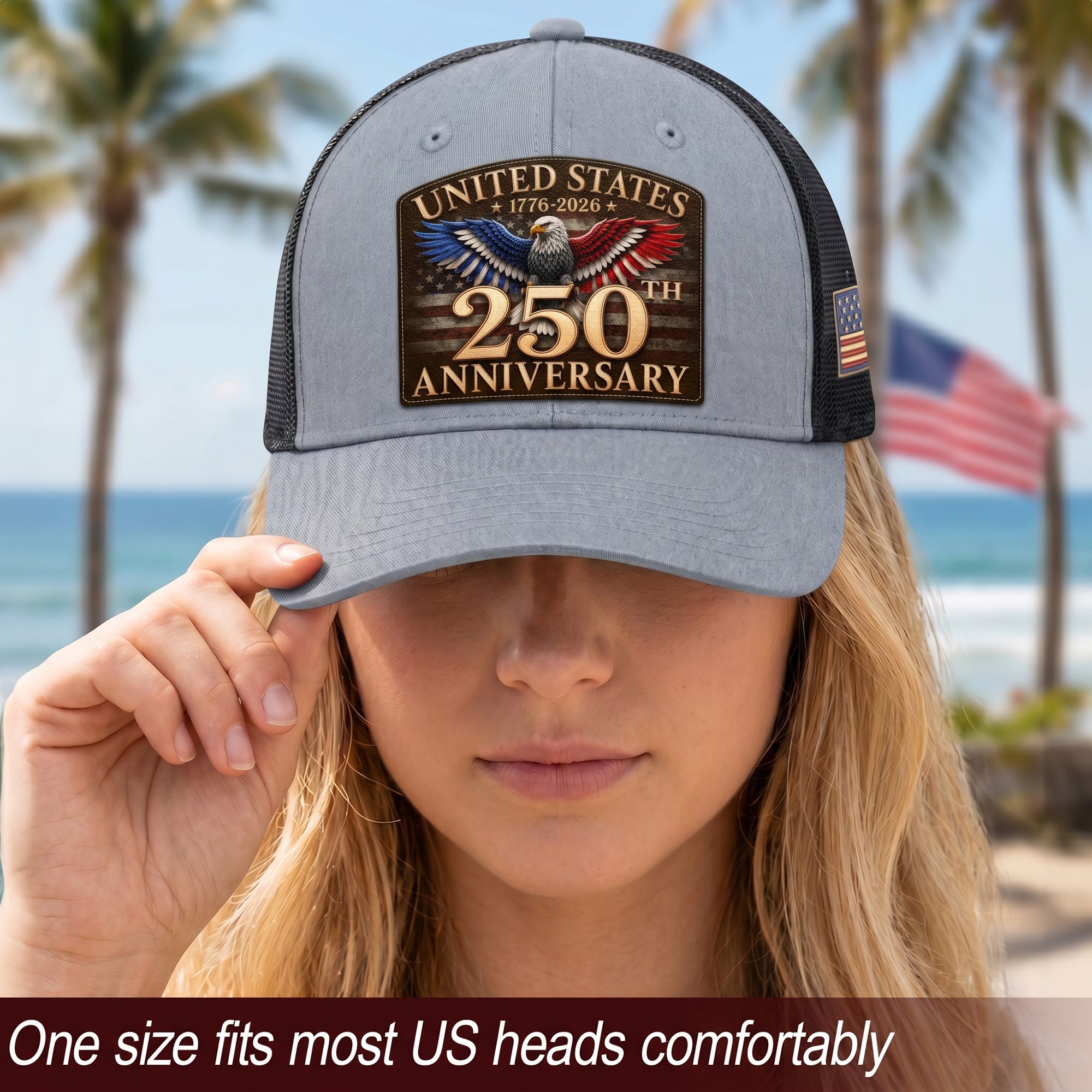 United States 250th Anniversary Trucker Hat Leather Patch Gray Black Commemorative