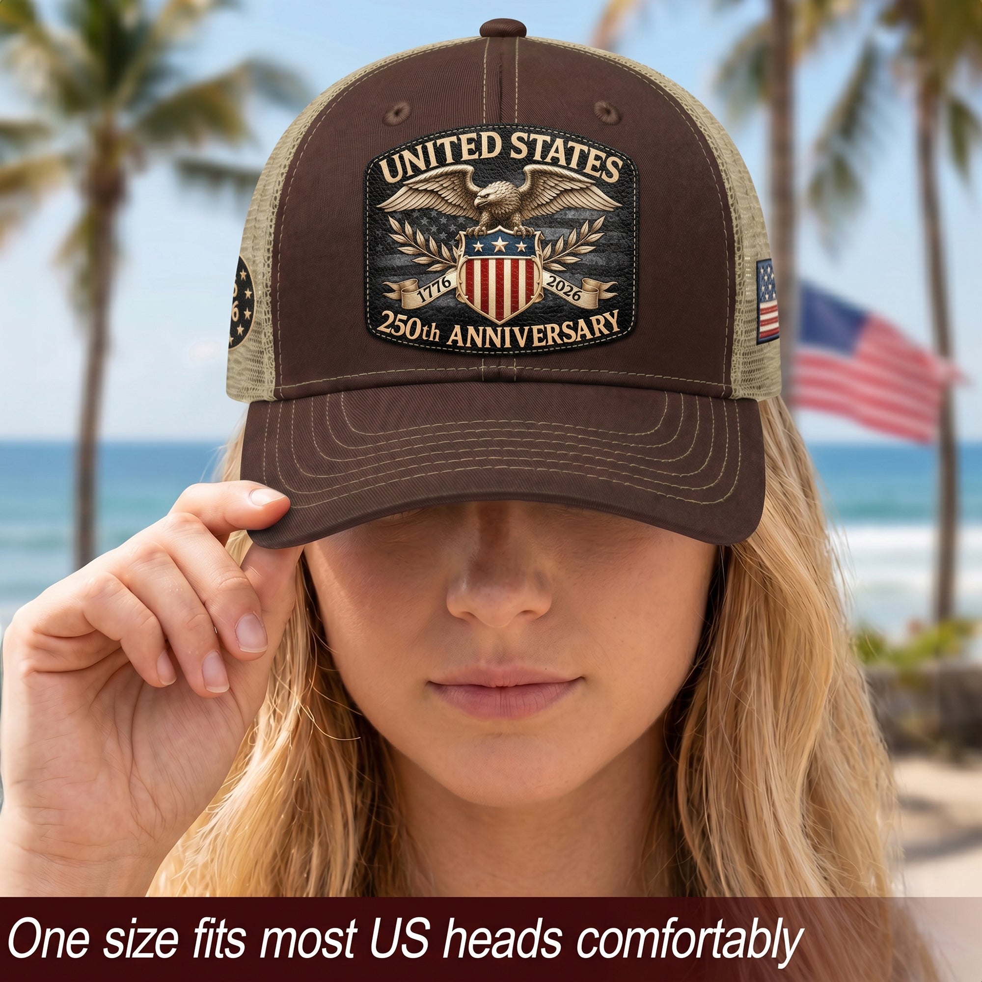 1776 to 2026 Anniversary Brown Tan Mesh Back Hat Leather Patch Trucker Cap