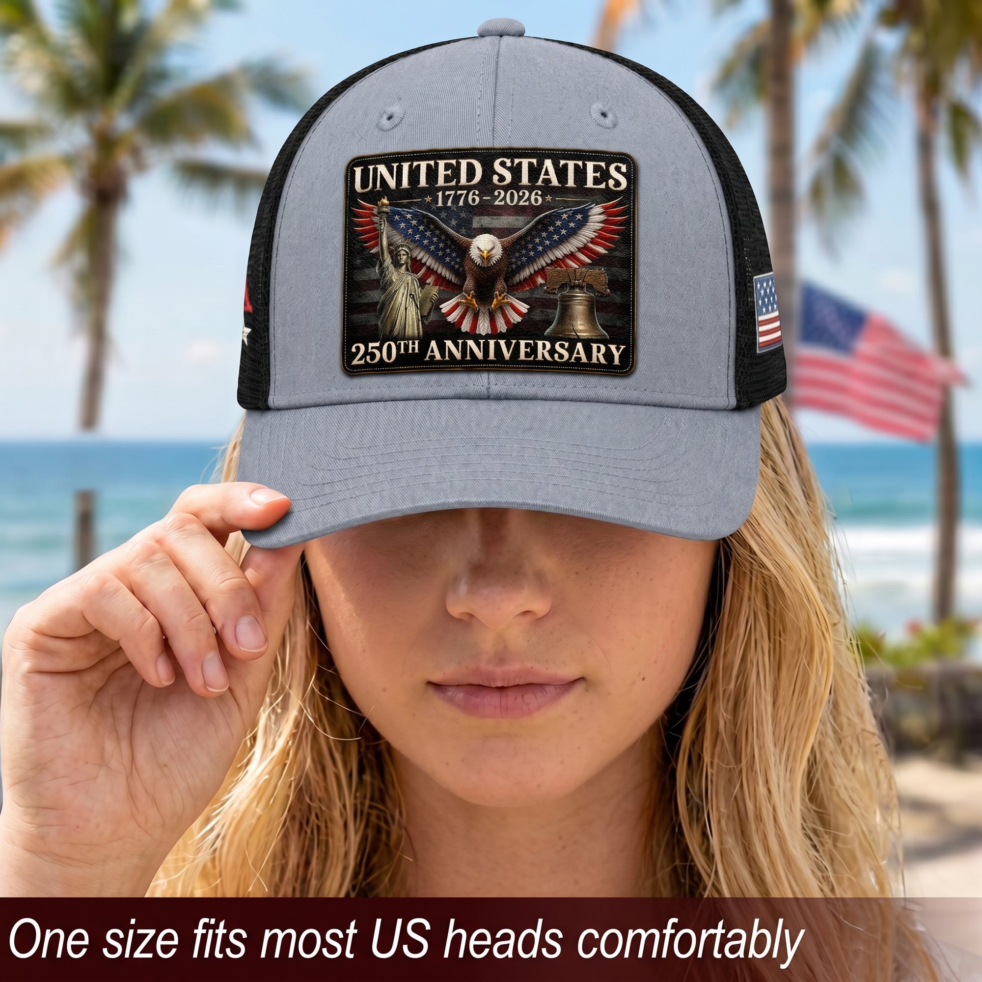 Gray Black Mesh Back Cap Leather Patch 1776 to 2026 Structured Anniversary Hat
