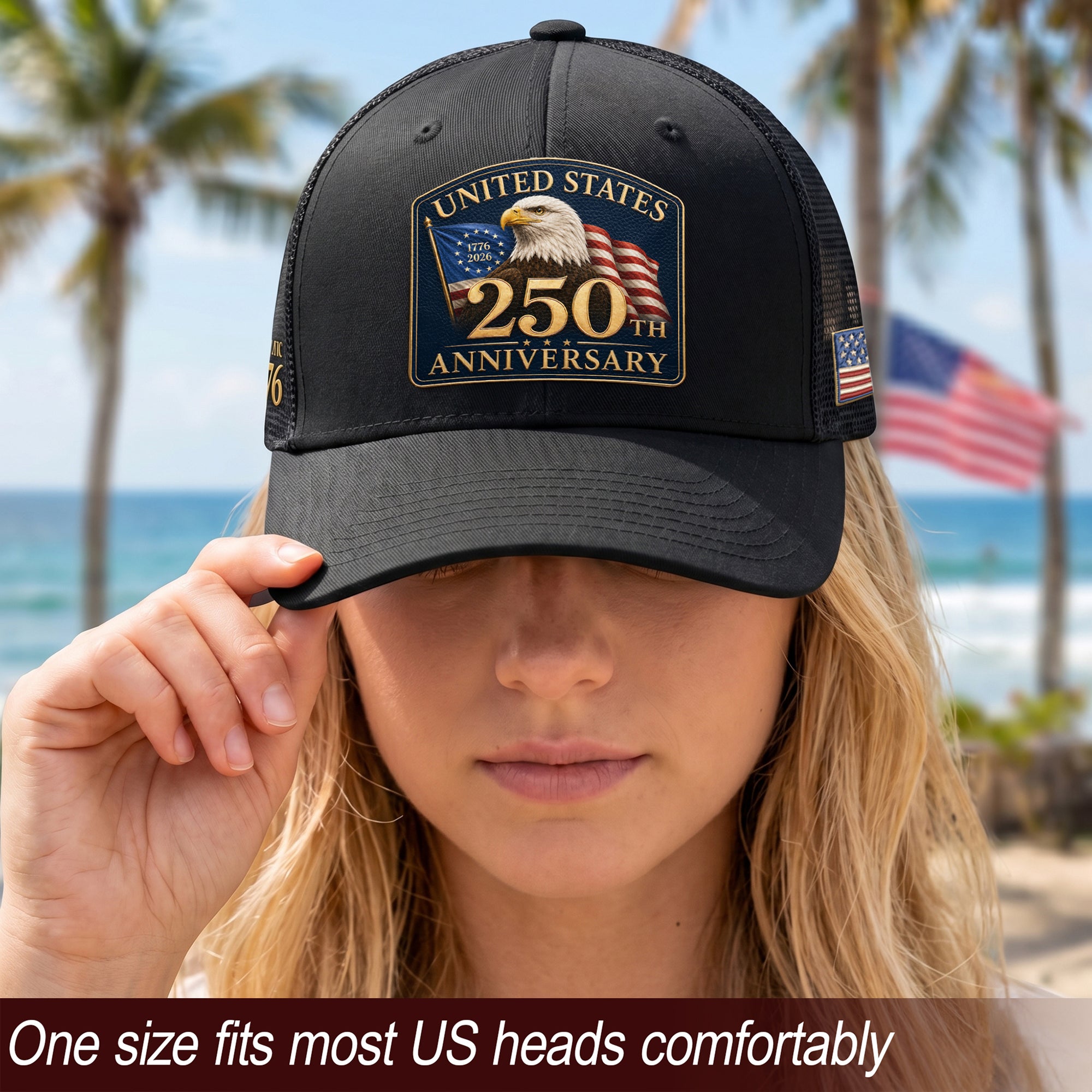Structured Black Mesh Cap Leather Patch 1776 to 2026 Anniversary Headwear