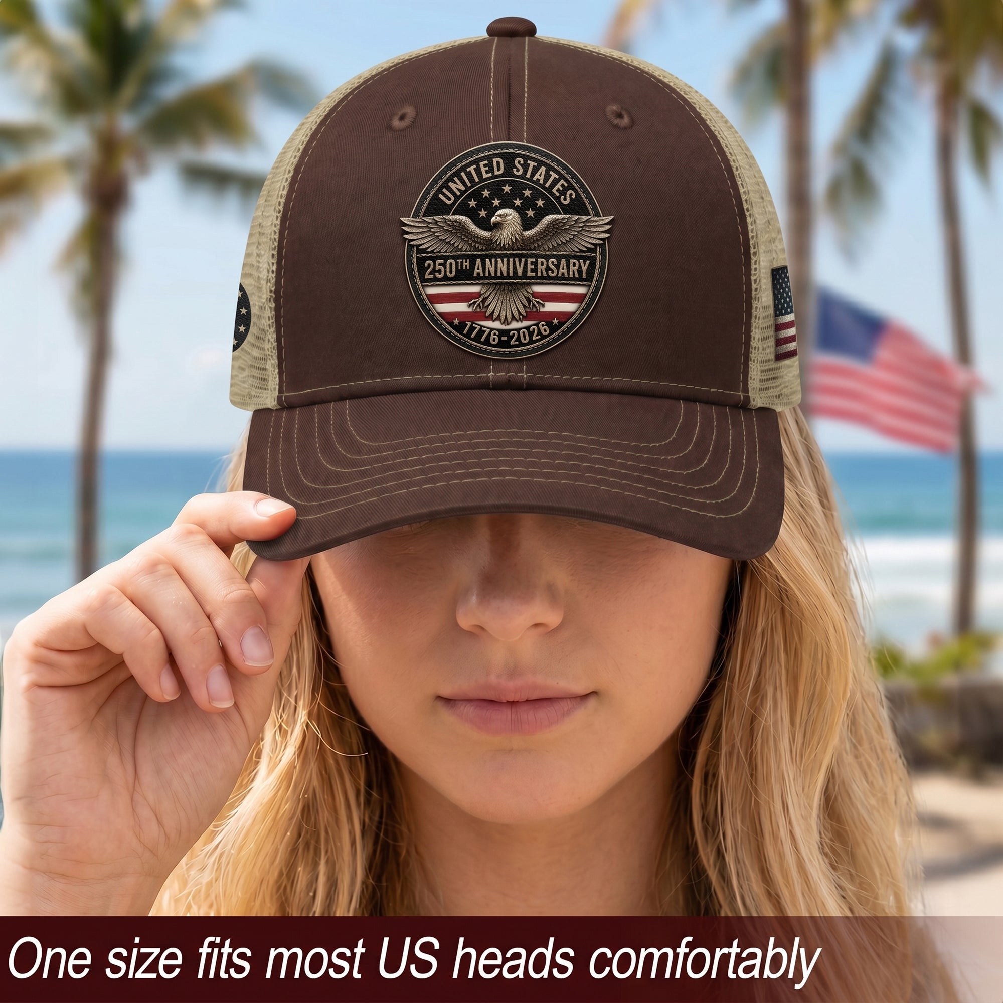 United States 250th Anniversary Leather Patch Hat Patriotic Mesh Back Cap Brown