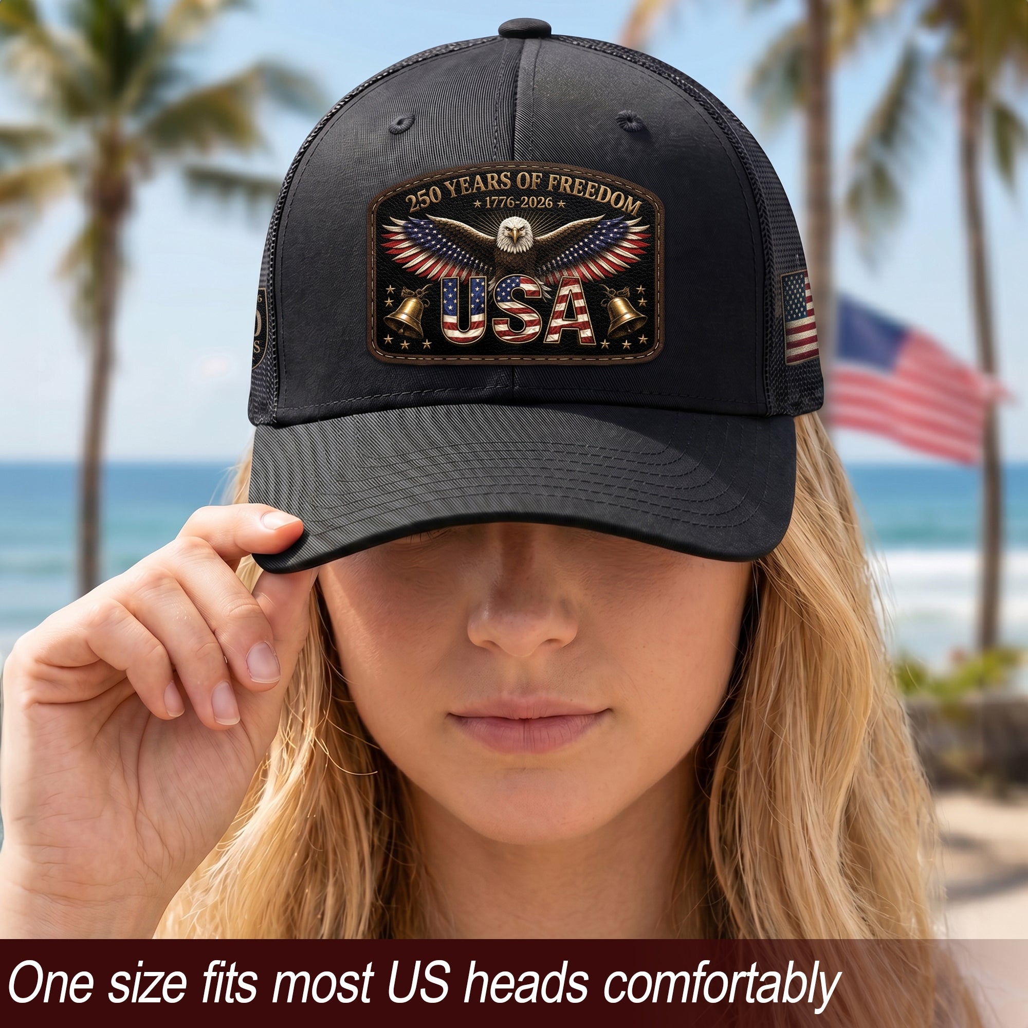 USA 250 Years Of Freedom Leather Patch Hat Patriotic Mesh Back Cap Black