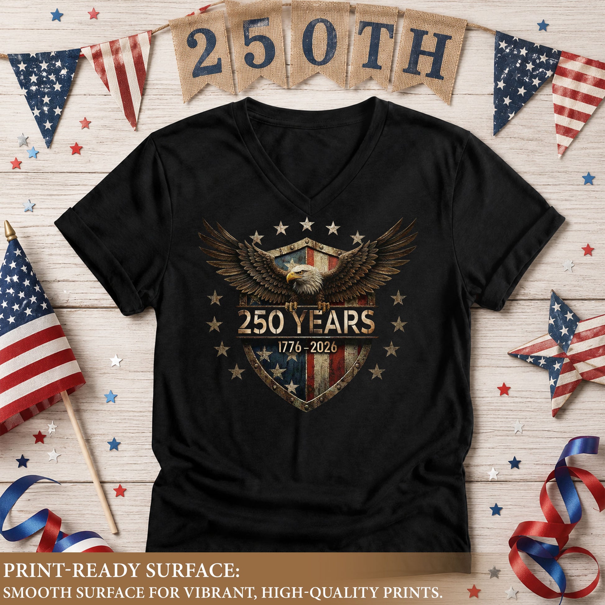250 Years Women's V-Neck T-Shirt Eagle Shield Patriotic Freedom 1776-2026 Tee - Rust Field Wear