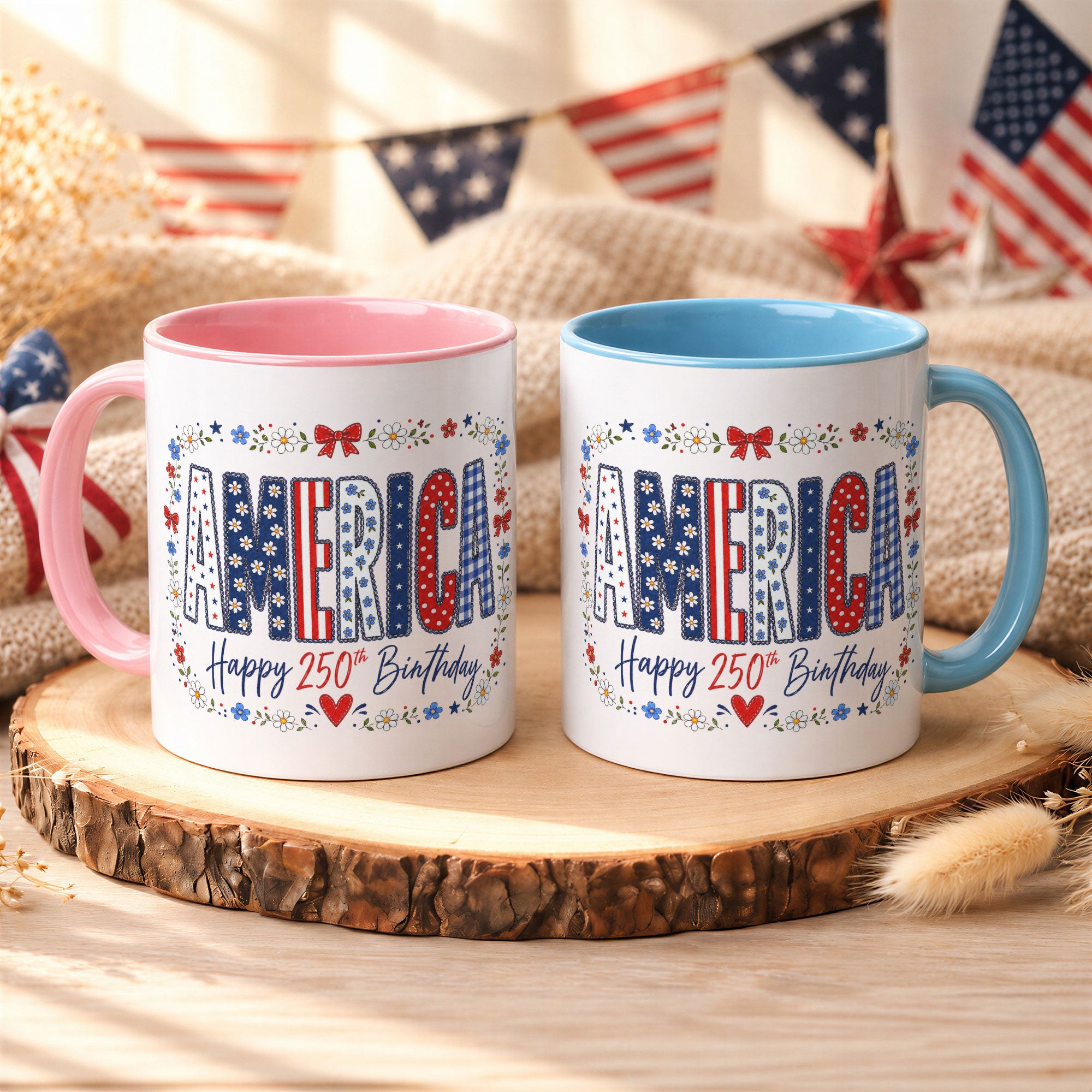Cute America Floral Mug - Happy 250th Birthday Patriotic US Coquette Bow Ceramic Cup