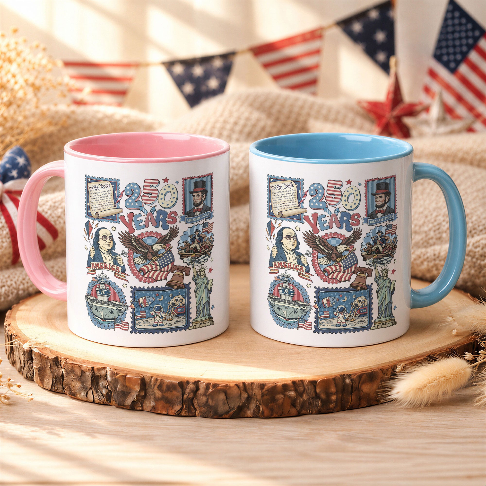 250 Years US History Stamp Accent Mug - Vintage Patriotic American Heritage Cup