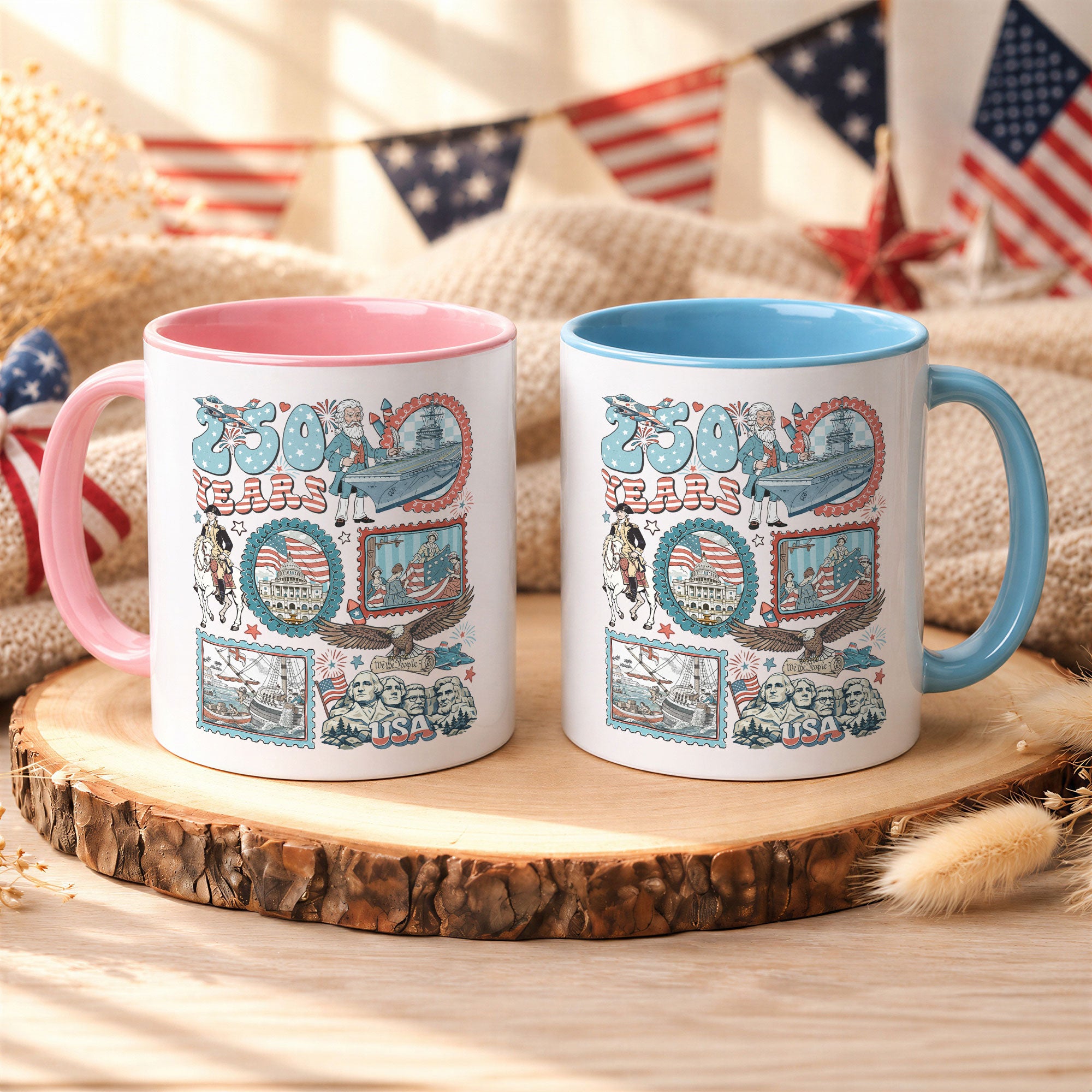 250 Years Patriotic Doodle Accent Mug - Vintage American History Icons Gift Cup