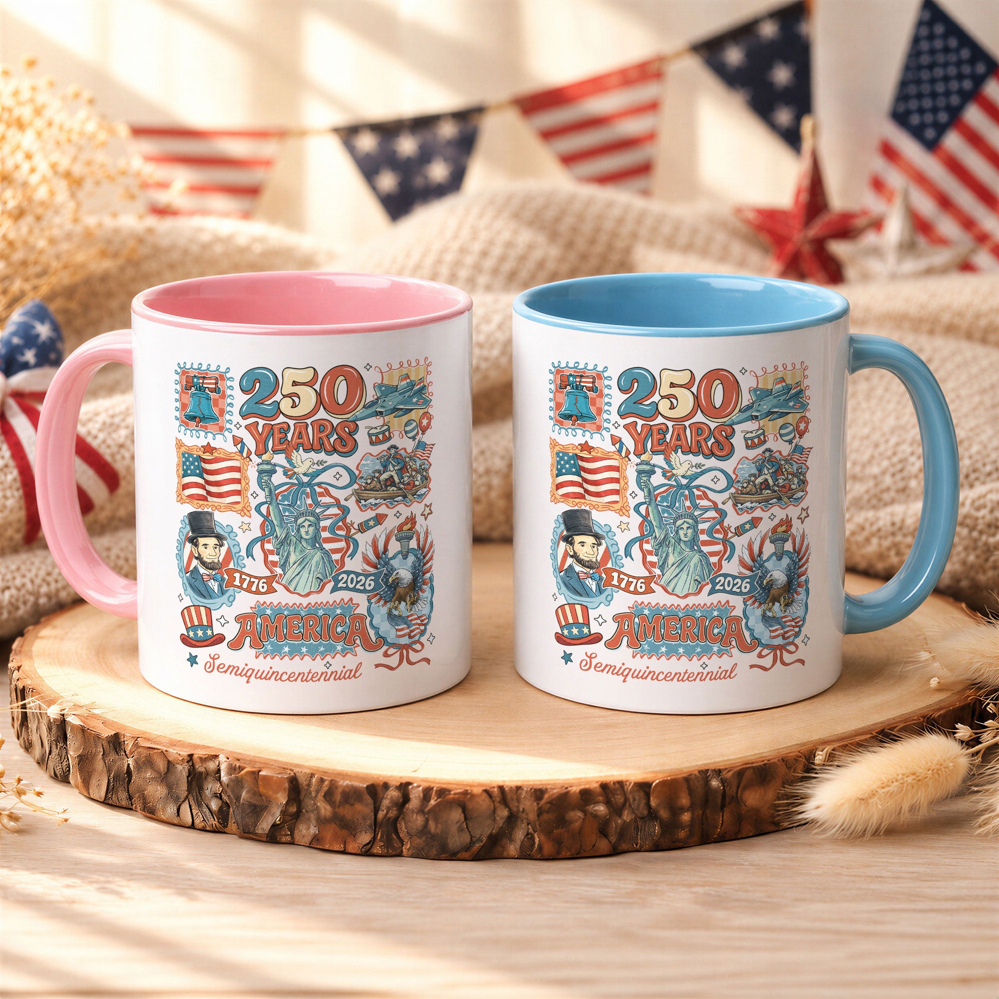 250 Years American Legacy Accent Mug - Vintage Doodle Stamps Historical Patriotic Gift Cup