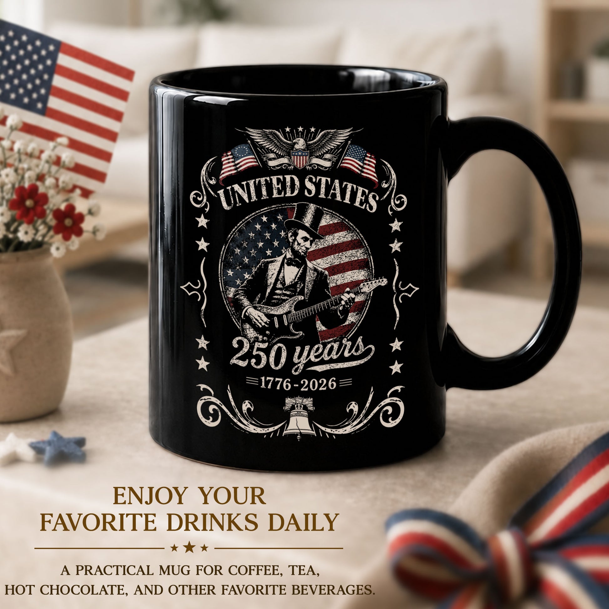 Abraham Lincoln Guitar Mug - 250 Years 1776-2026 Patriotic US Anniversary Cool Music Gift - Rust Field Wear