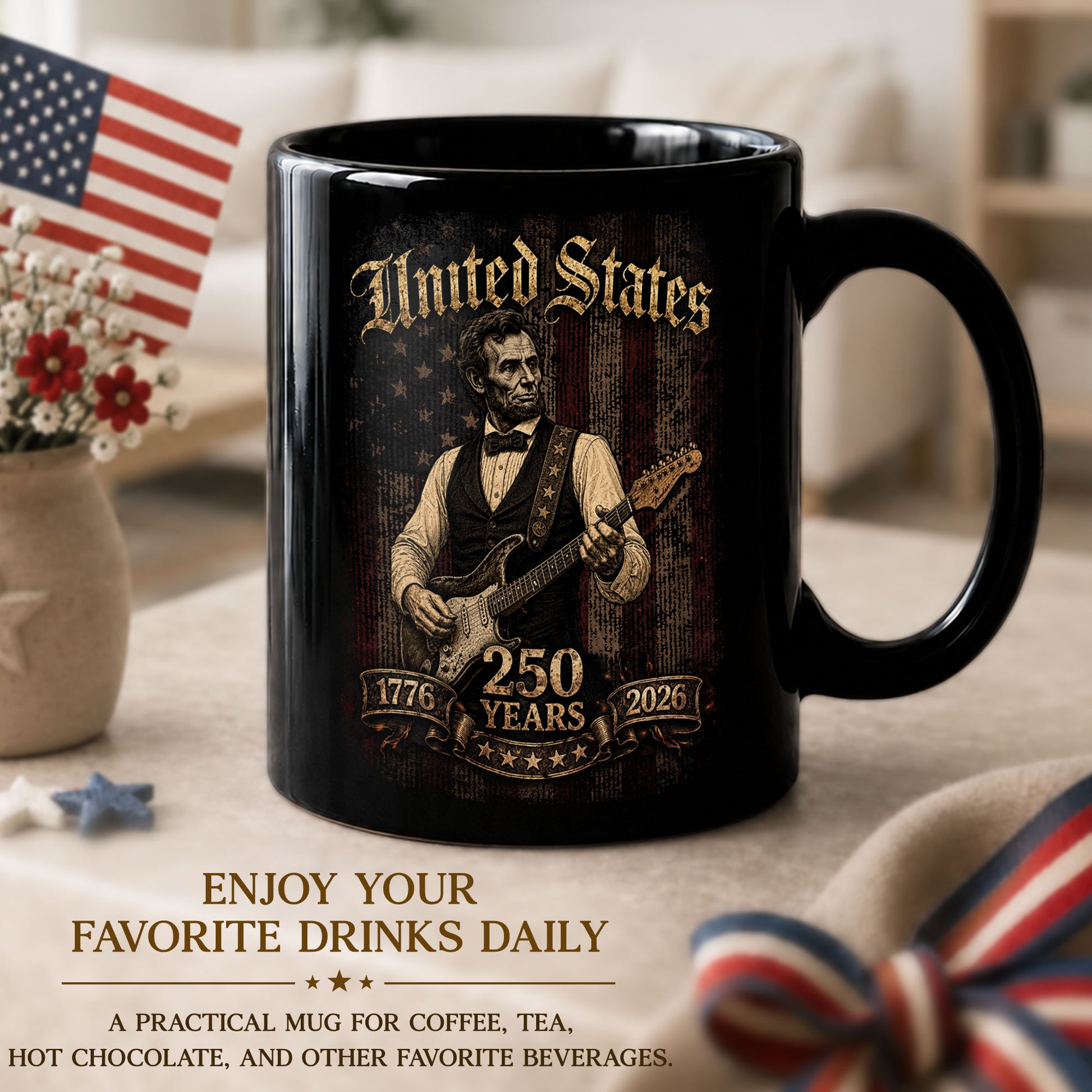 Abraham Lincoln Guitar Mug - Vintage 250 Years 1776-2026 Patriotic US Rock Music Gift - Rust Field Wear