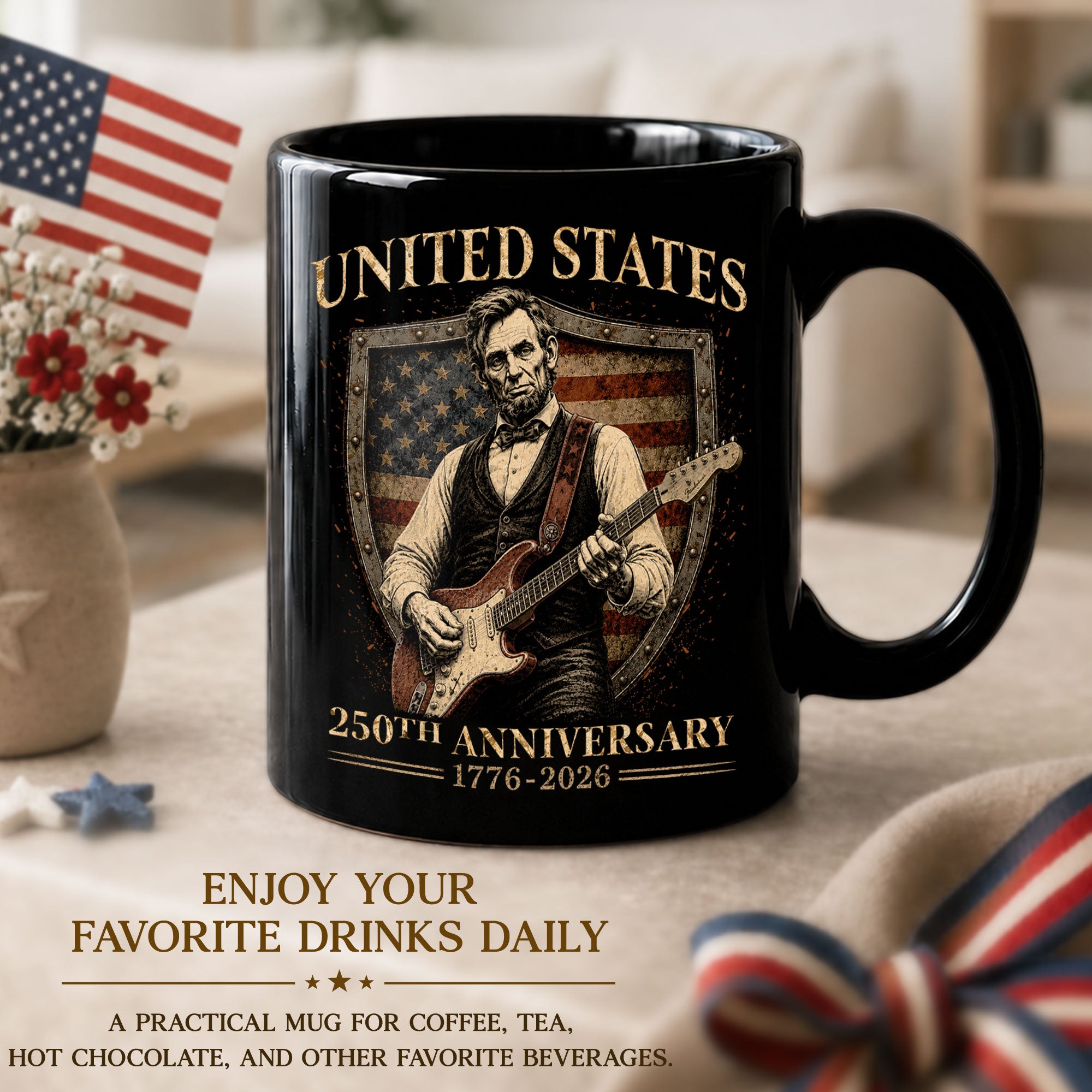 United States 250th Anniversary Mug Abraham Lincoln Guitar Shield 1776 2026 - Rust Field Wear