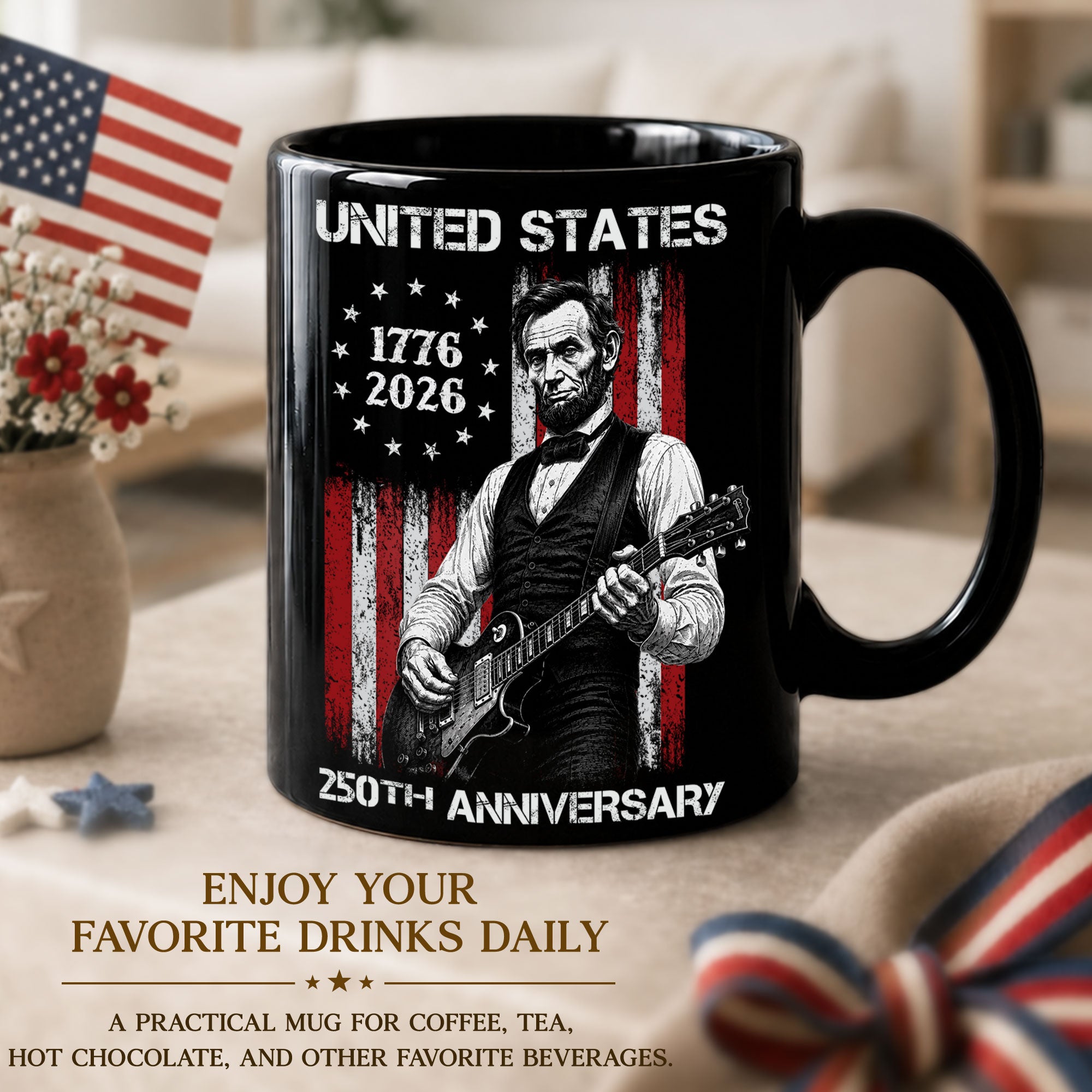 United States 250th Anniversary Mug Abraham Lincoln Guitar US Flag 1776 2026 - Rust Field Wear