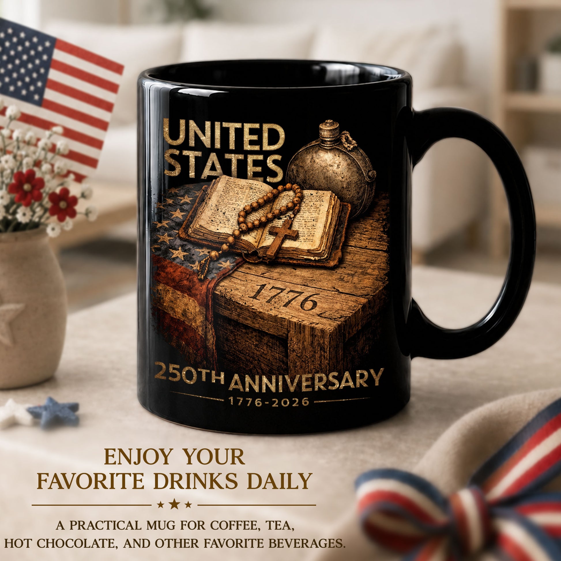 1776 2026 Mug 250th Anniversary United States Patriotic Bible Cross Ceramic - Rust Field Wear