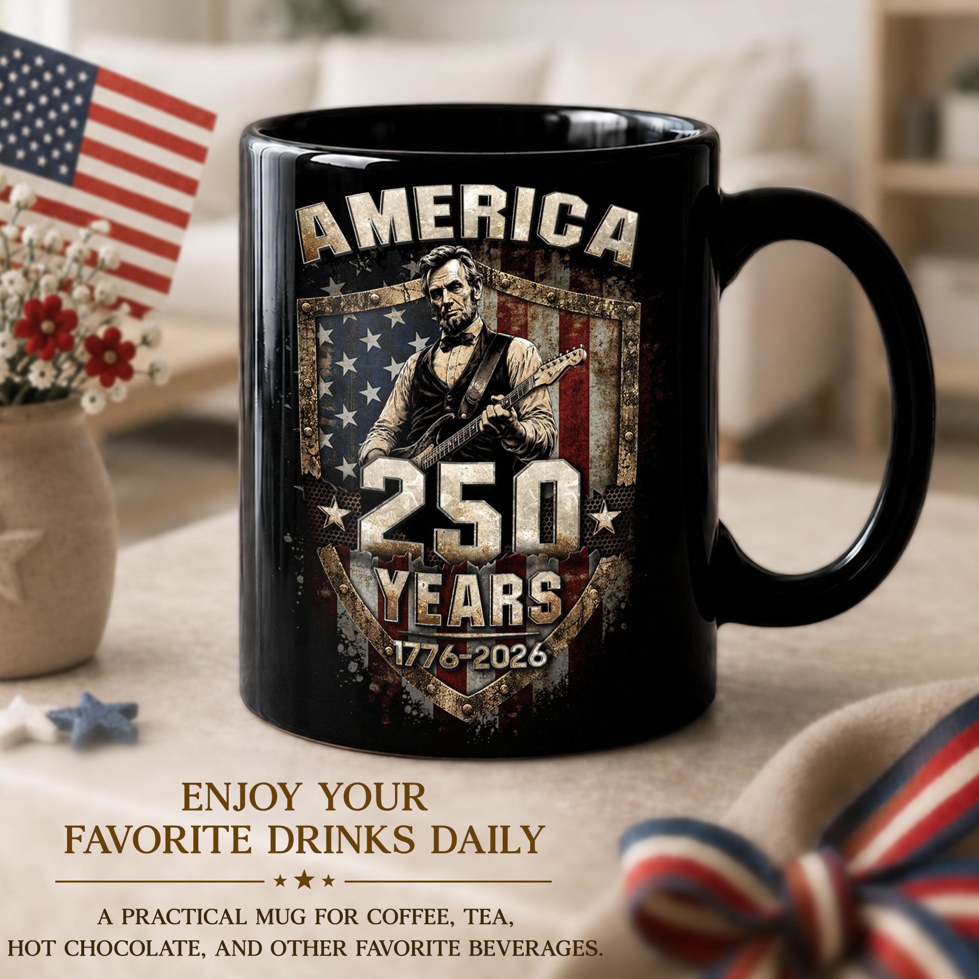 Patriotic Lincoln Guitar Ceramic Mug - Vintage Flag Graphic Beverage Cup for Fans