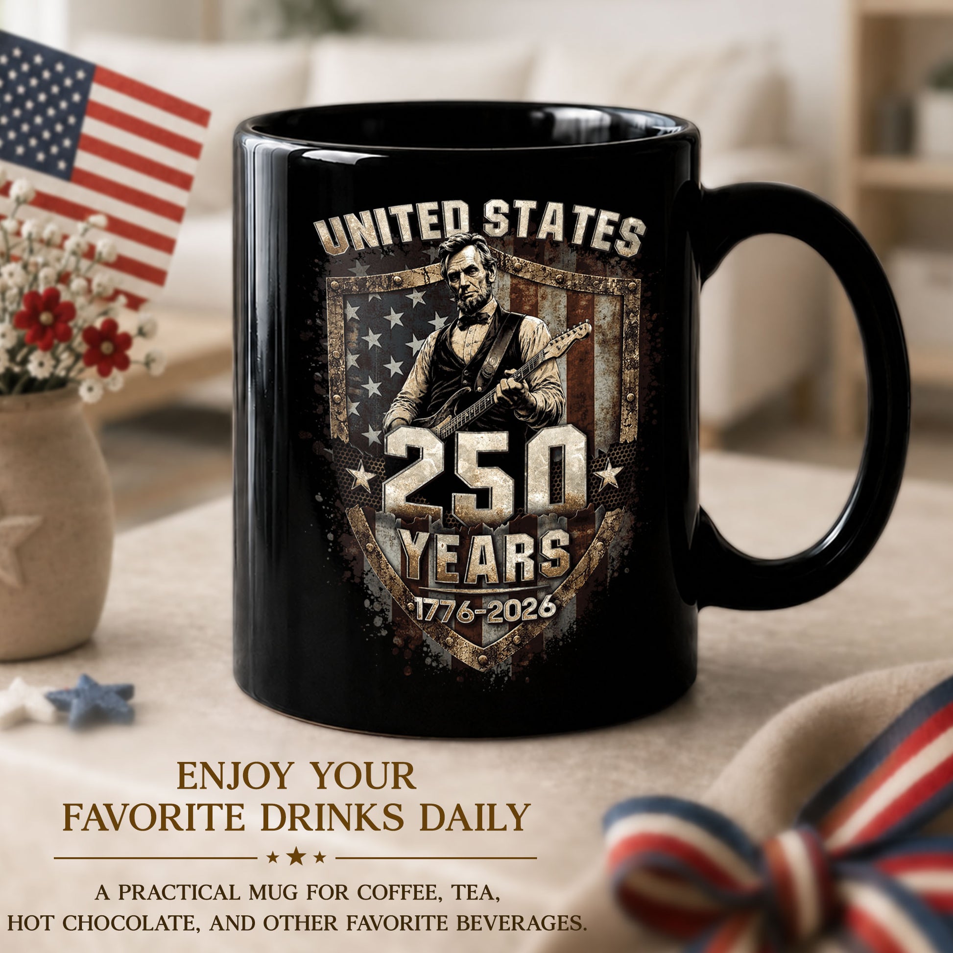 Patriotic Lincoln Guitar Ceramic Mug - Vintage Flag Graphic Beverage Cup for Fans - Rust Field Wear