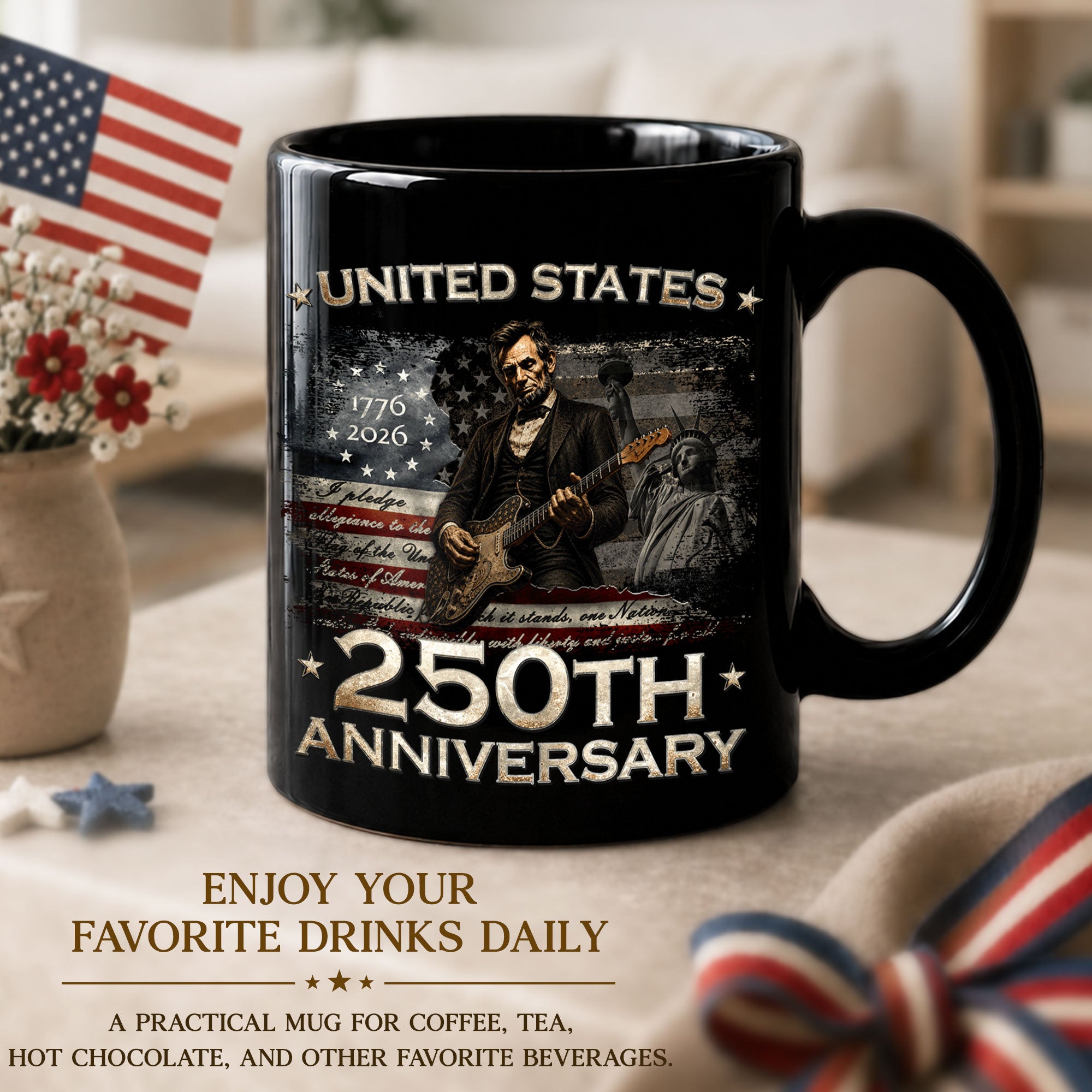 Unique Lincoln Guitar Ceramic Mug - Patriotic Statue of Liberty Vintage Graphic Cup