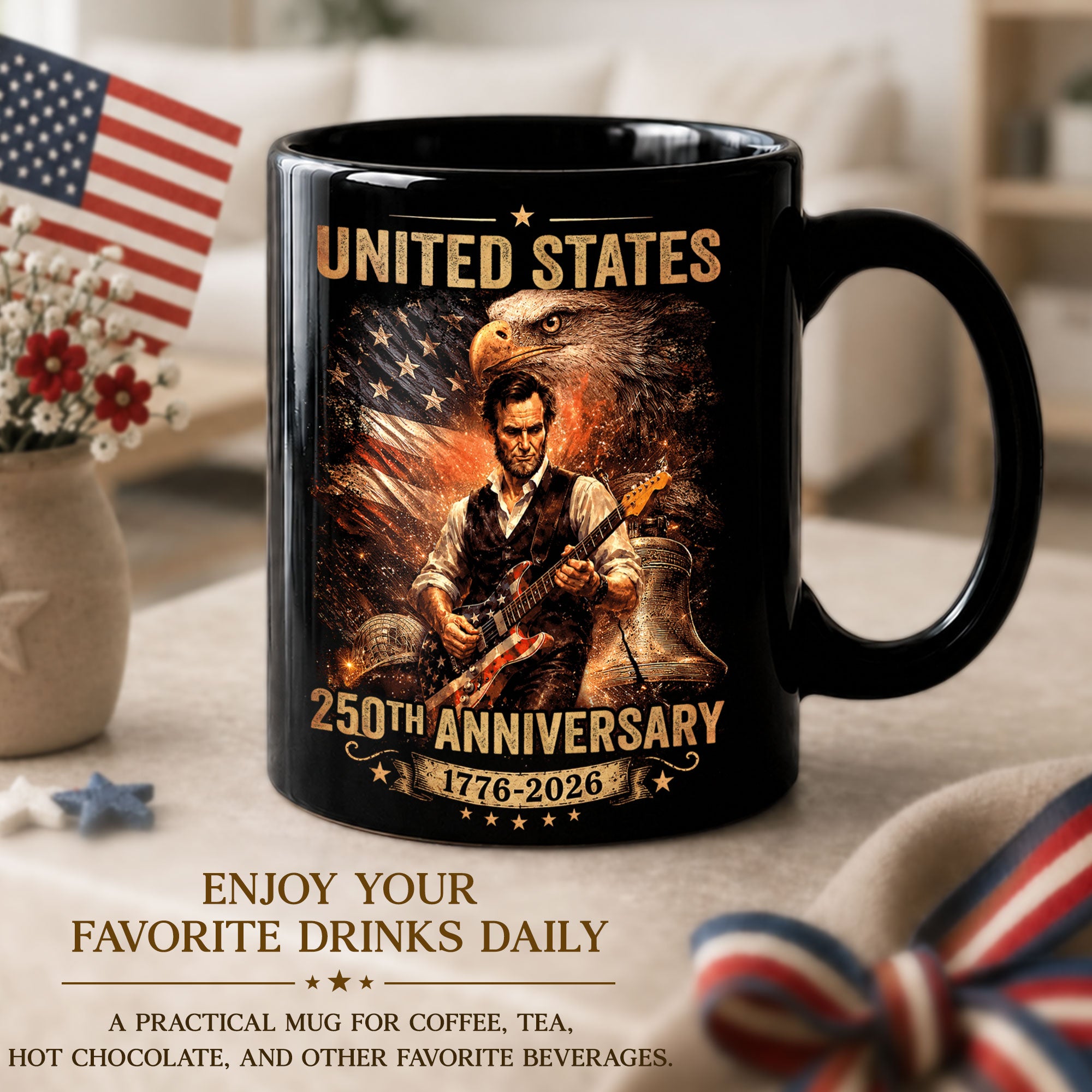 Patriotic Lincoln Guitar Ceramic Mug - Eagle Flag 1776-2026 Anniversary Beverage Cup