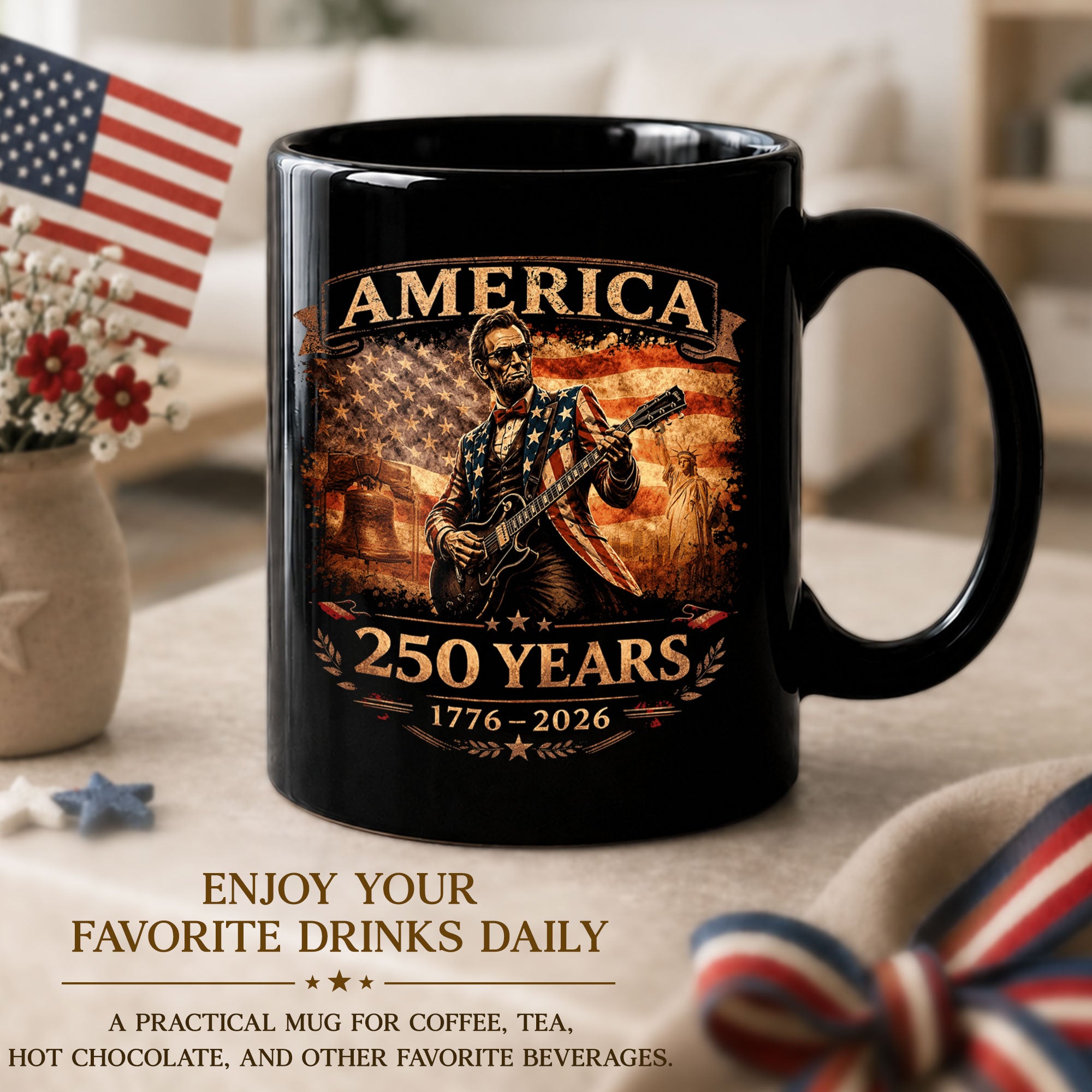 Lincoln Guitar Ceramic Mug - Patriotic Statue Liberty Flag Vintage Beverage Cup