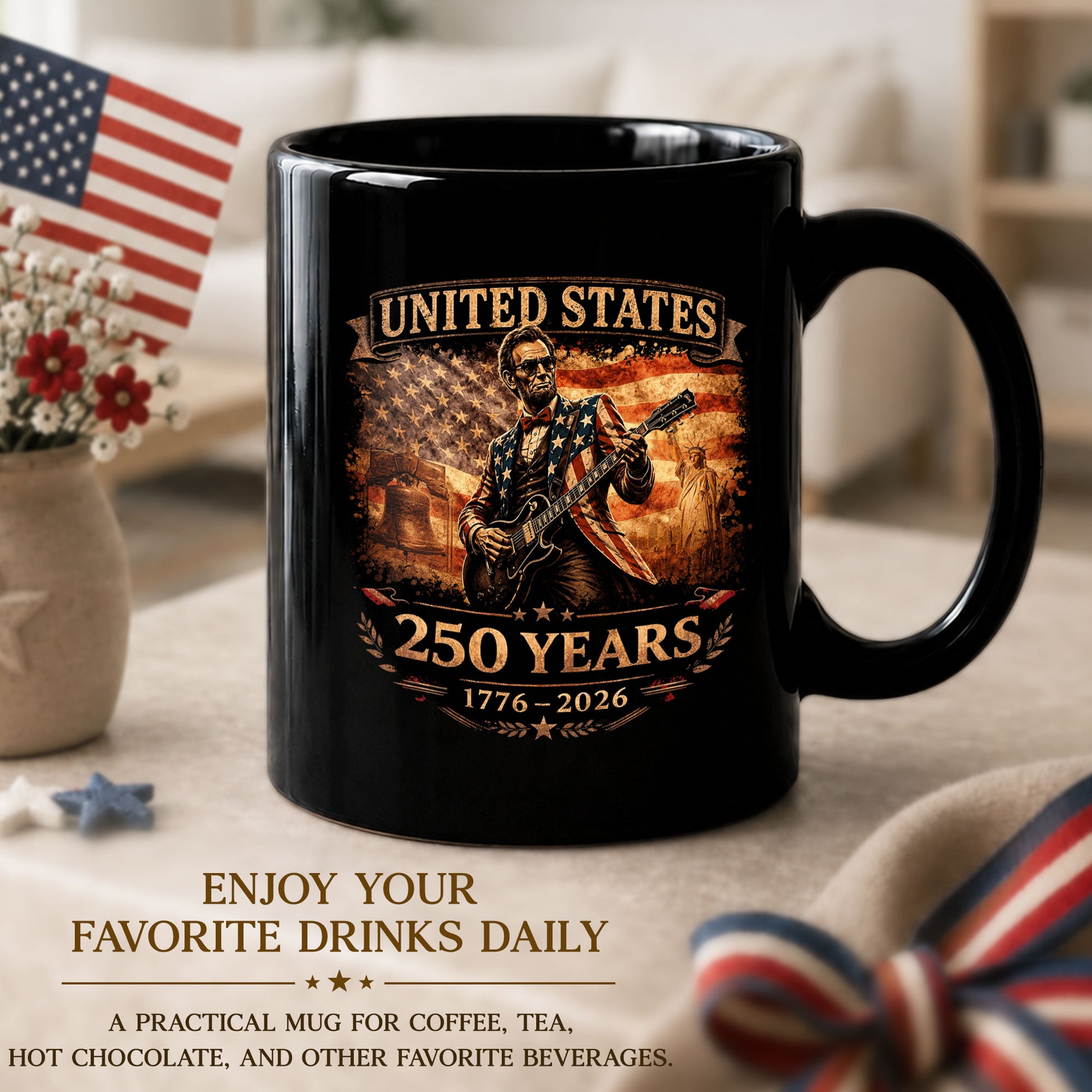 Lincoln Guitar Ceramic Mug - Patriotic Statue Liberty Flag Vintage Beverage Cup - Rust Field Wear