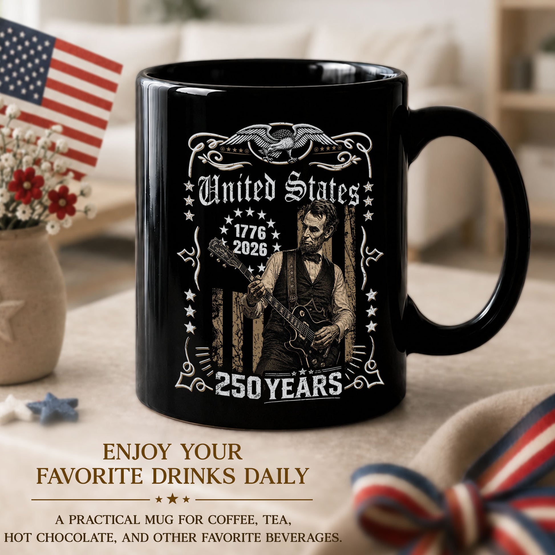 Historic Lincoln Guitar Ceramic Mug - Patriotic Eagle Flag Anniversary Beverage Cup - Rust Field Wear