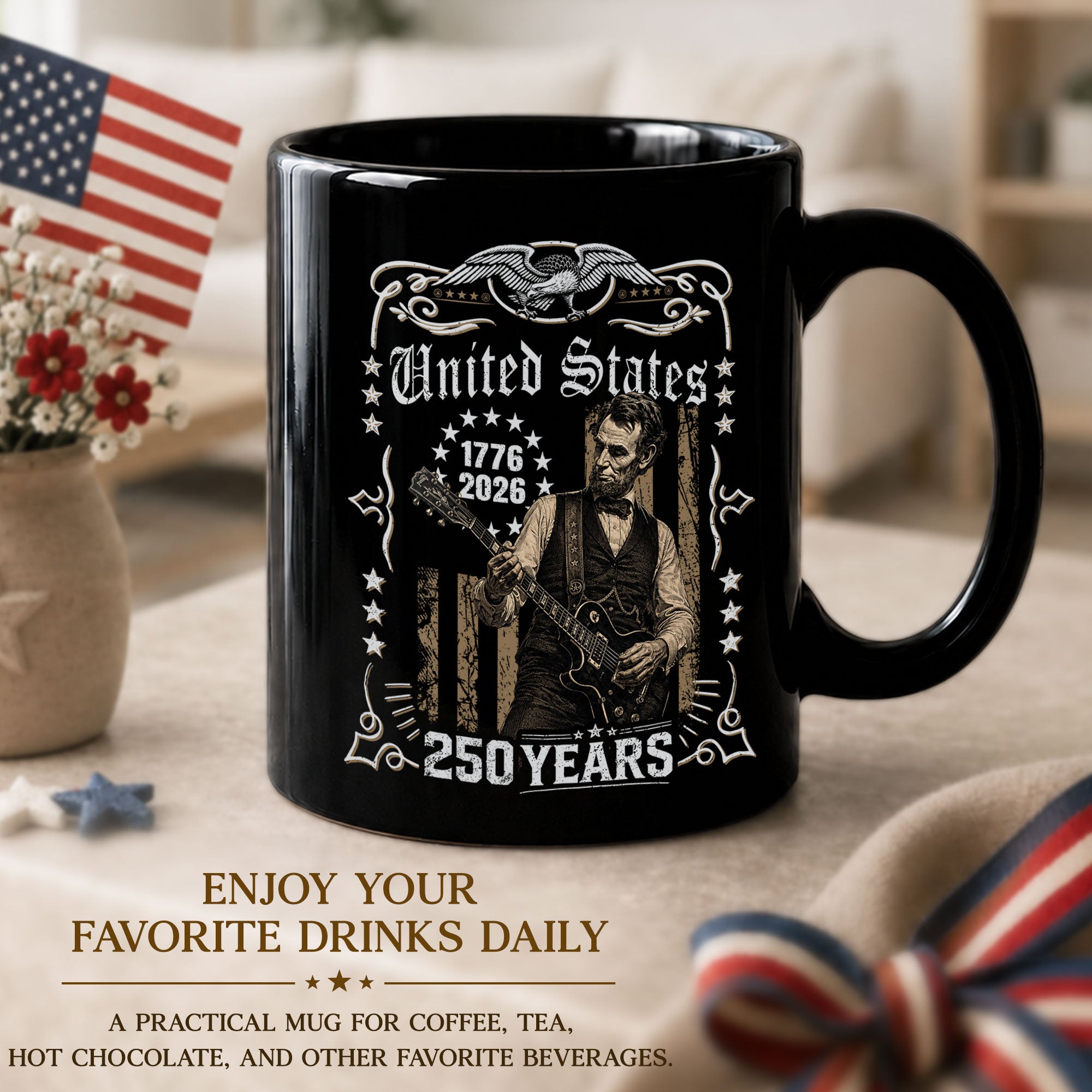 Historic Lincoln Guitar Ceramic Mug - Patriotic Eagle Flag Anniversary Beverage Cup - Rust Field Wear