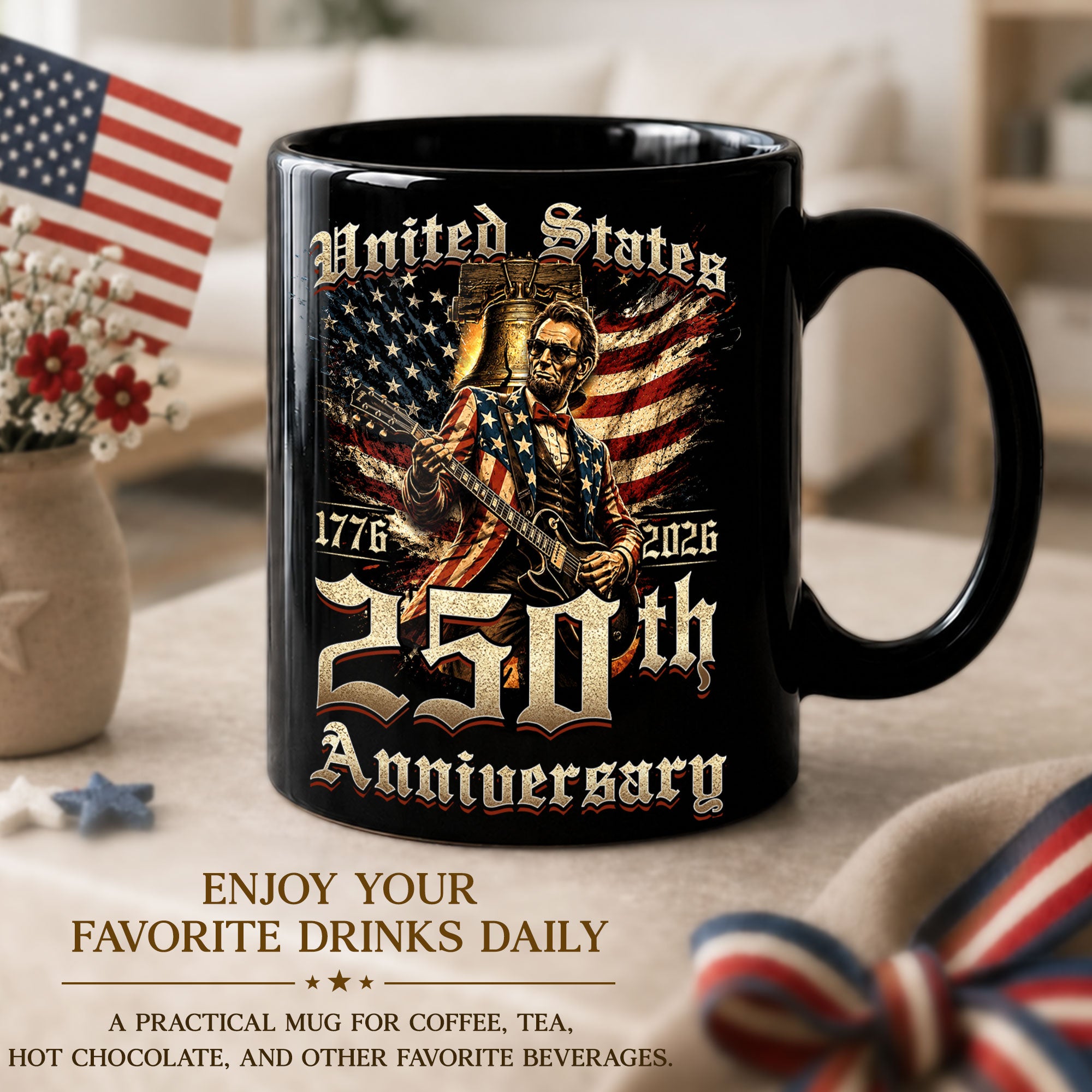 250th Anniversary Mug 1776-2026 Patriotic US Flag Abraham Lincoln Rock Guitar Gift