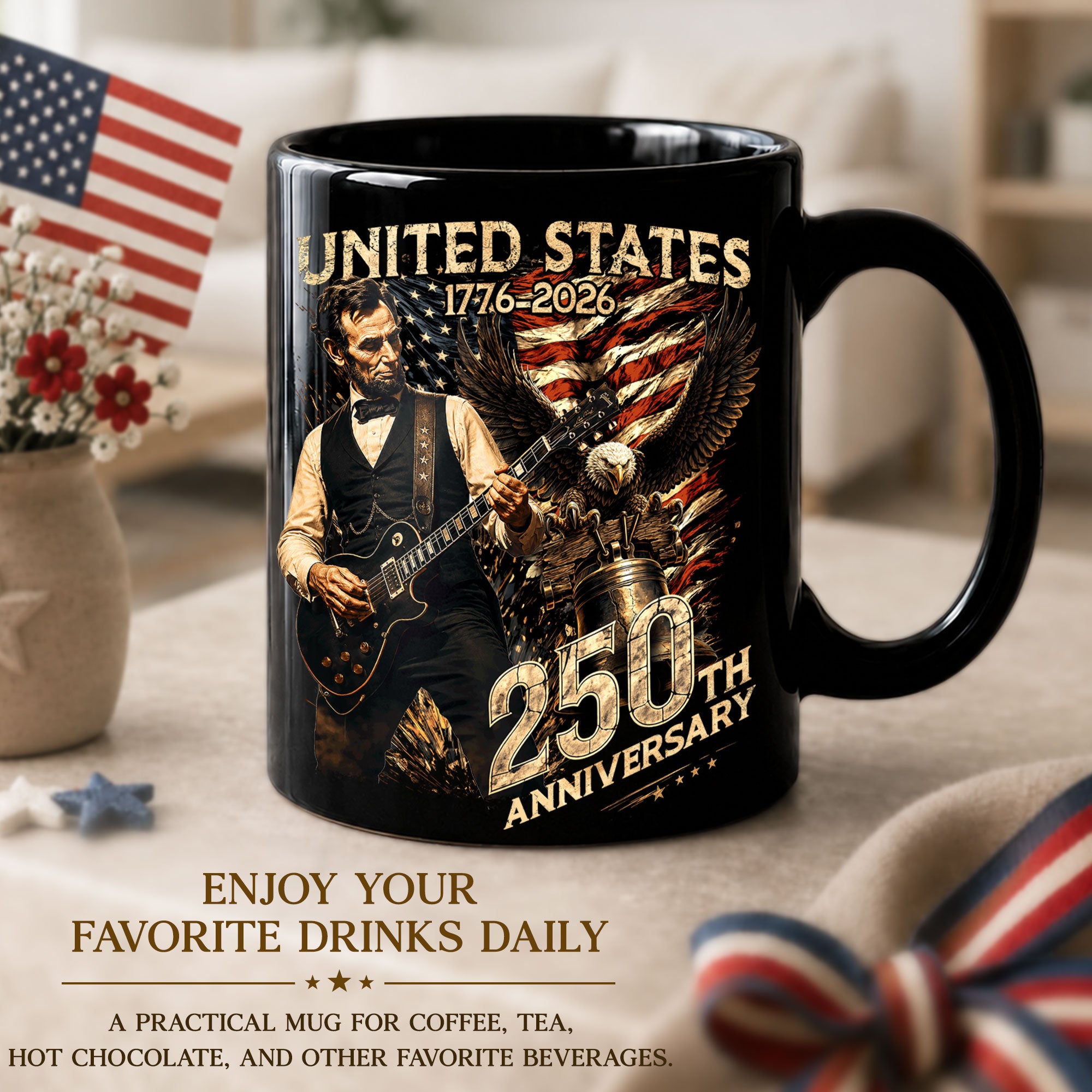US 250th Anniversary Mug 1776-2026 Vintage United States Lincoln Guitar Bald Eagle Bell
