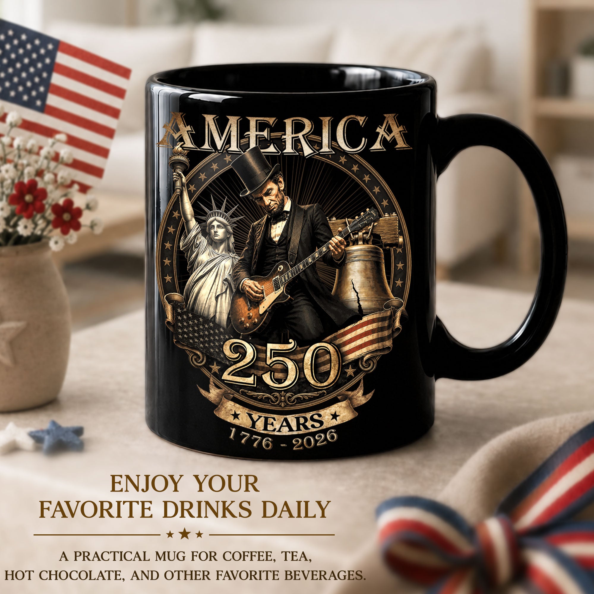 Patriotic Mug 250 Years 1776-2026 United States Statue Of Liberty Lincoln Rock Guitar