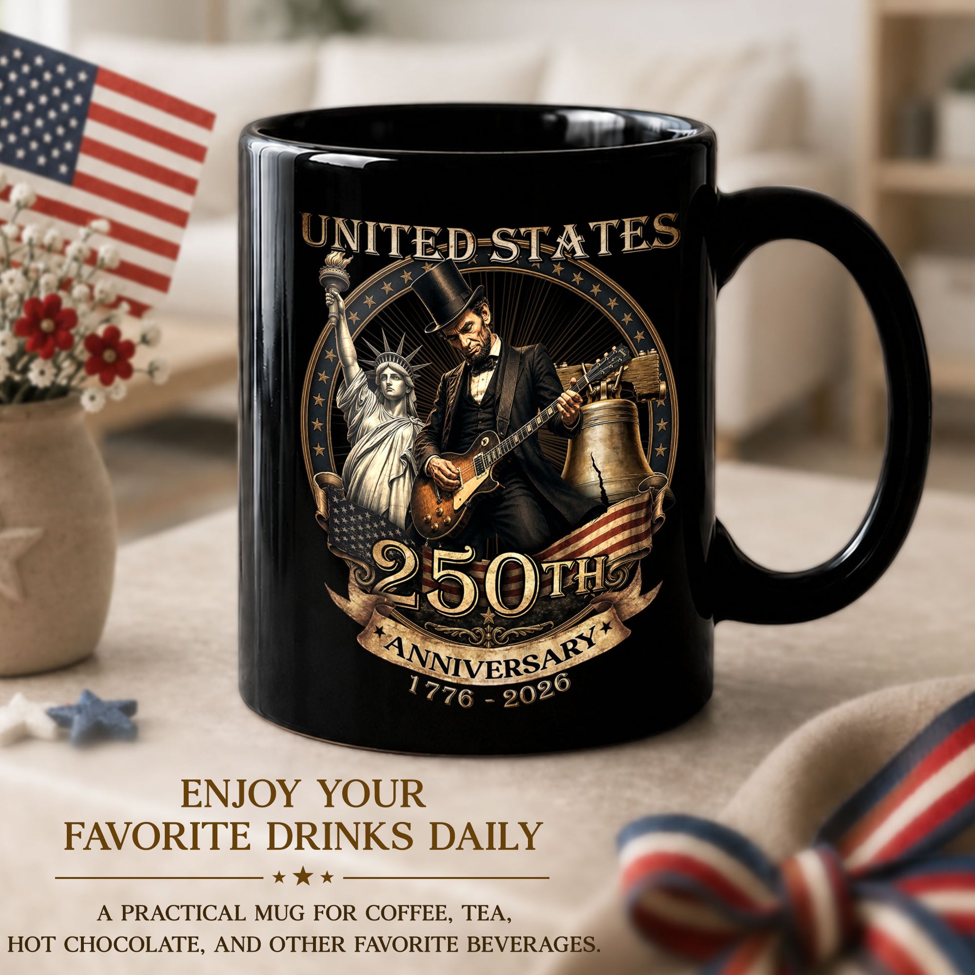Patriotic Mug 250 Years 1776-2026 United States Statue Of Liberty Lincoln Rock Guitar - Rust Field Wear