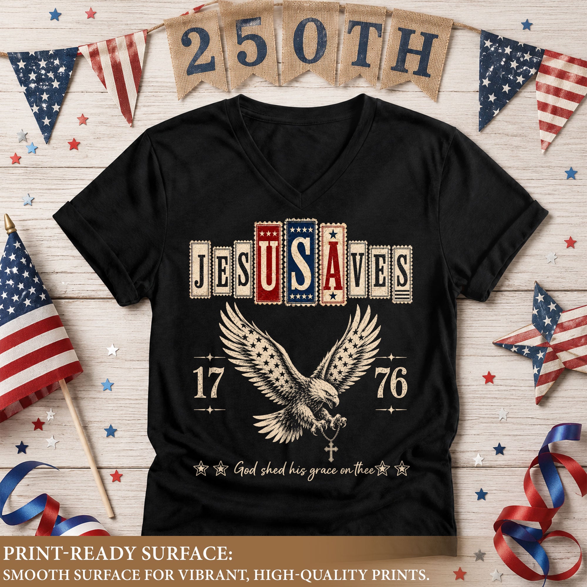 Jesus Saves Patriotic V-Neck Tee - Eagle & Cross 1776 American Heritage Graphic Cotton Shirt