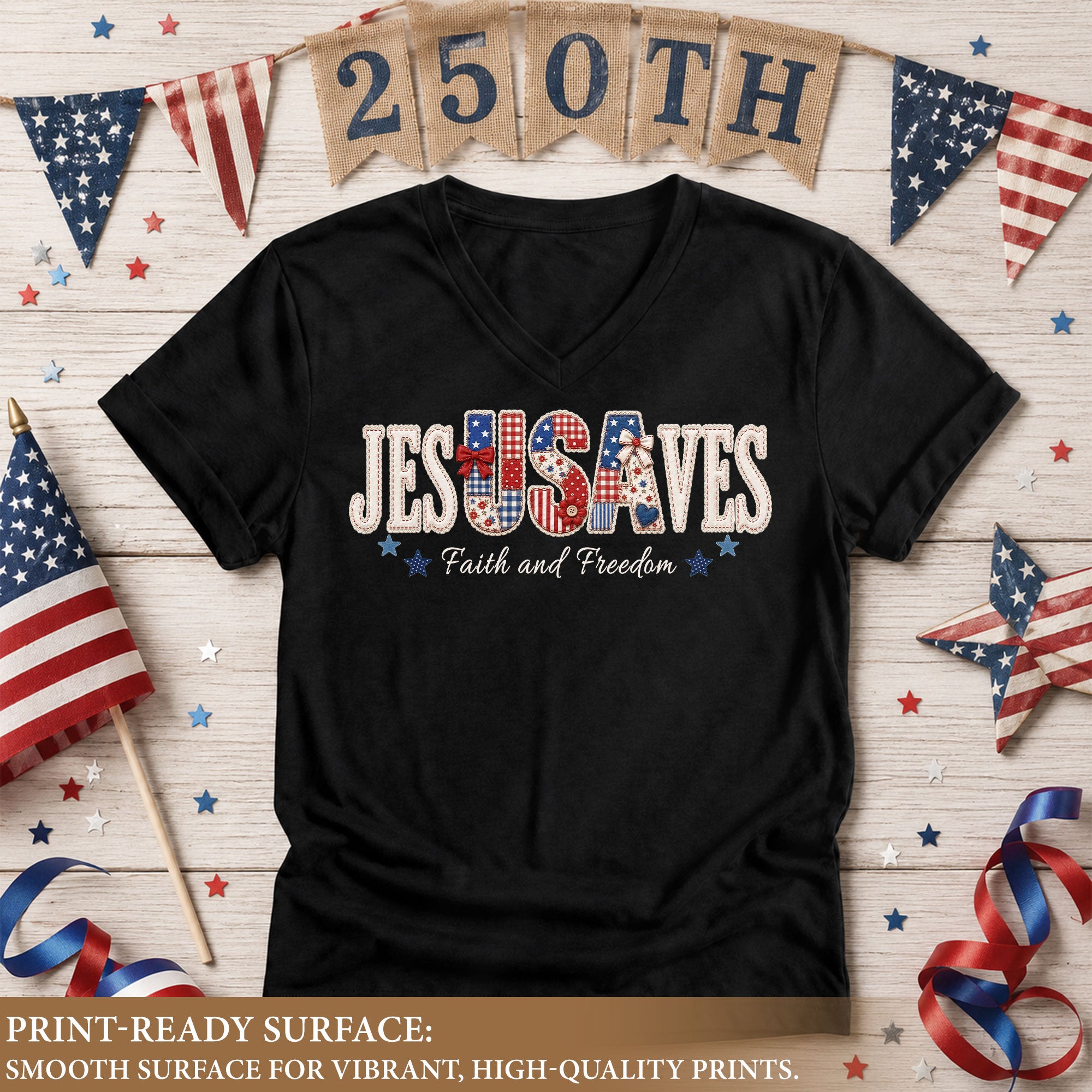 Jesus Saves Faith and Freedom V-Neck Tee - Patriotic Quilt Style Graphic Cotton Apparel