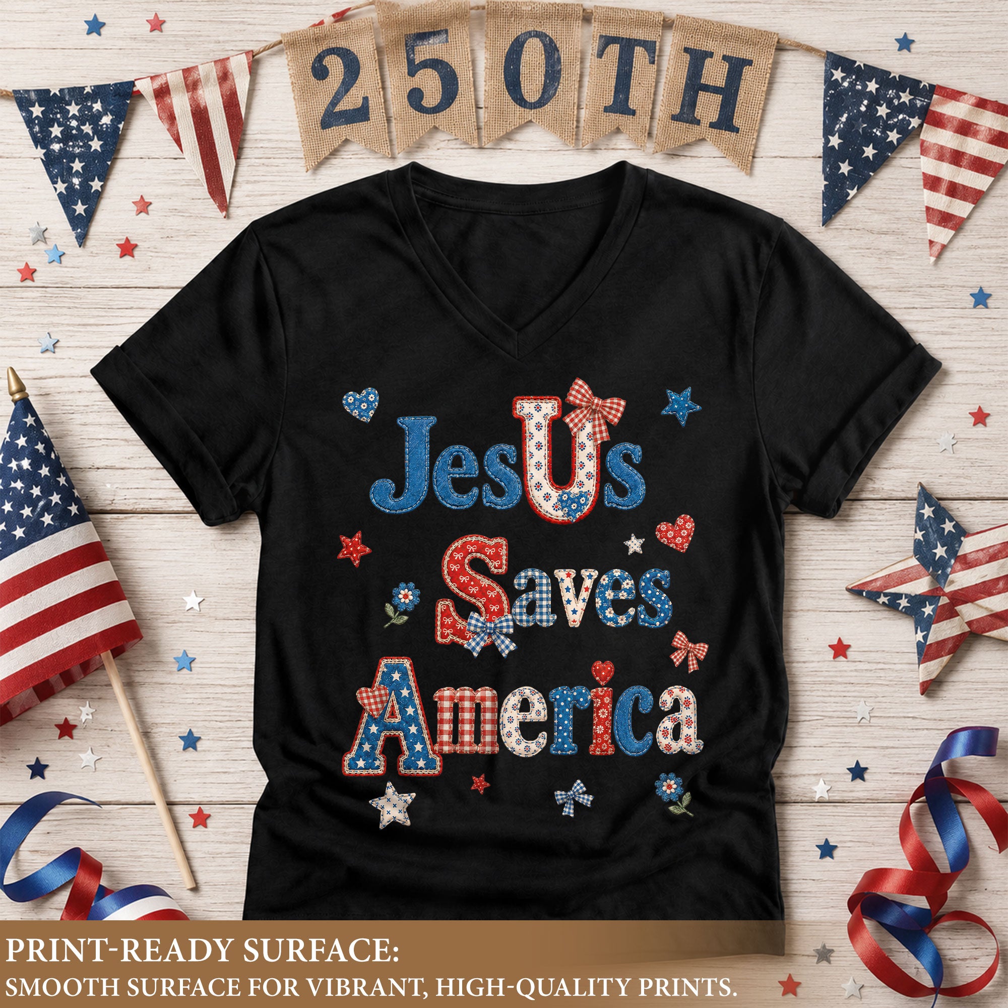 Jesus Saves America V-Neck Tee - Patriotic Patchwork Graphic Heritage 1776-2026 Cotton Shirt