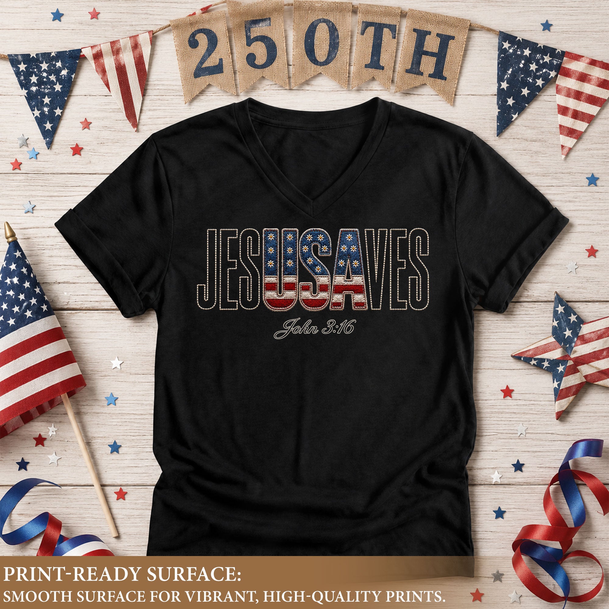 Jesus Saves USA Flag V-Neck T-Shirt John 3:16 Patriotic Graphic Tee Faith Apparel