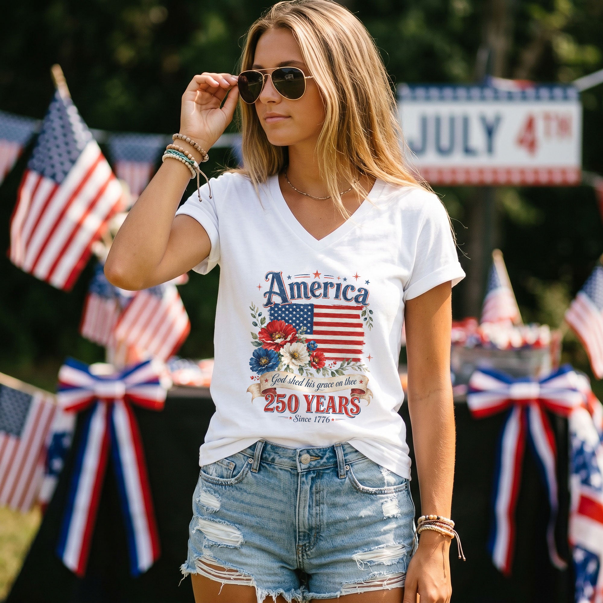 250 Years Since 1776 V-Neck T-Shirt – God Shed His Grace on Thee Patriotic Graphic - Rust Field Wear