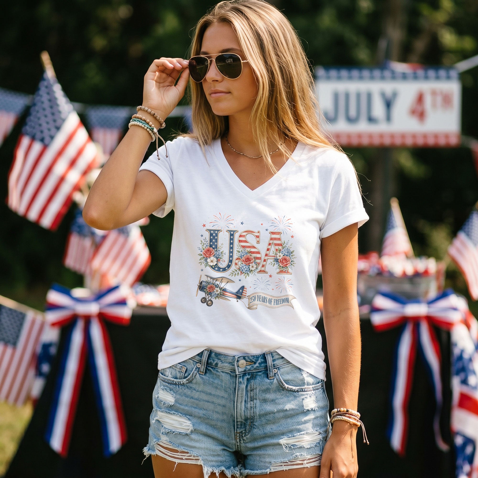 Floral USA 250 Years of Freedom V-Neck Tee – Patriotic Women's Anniversary Graphic - Rust Field Wear