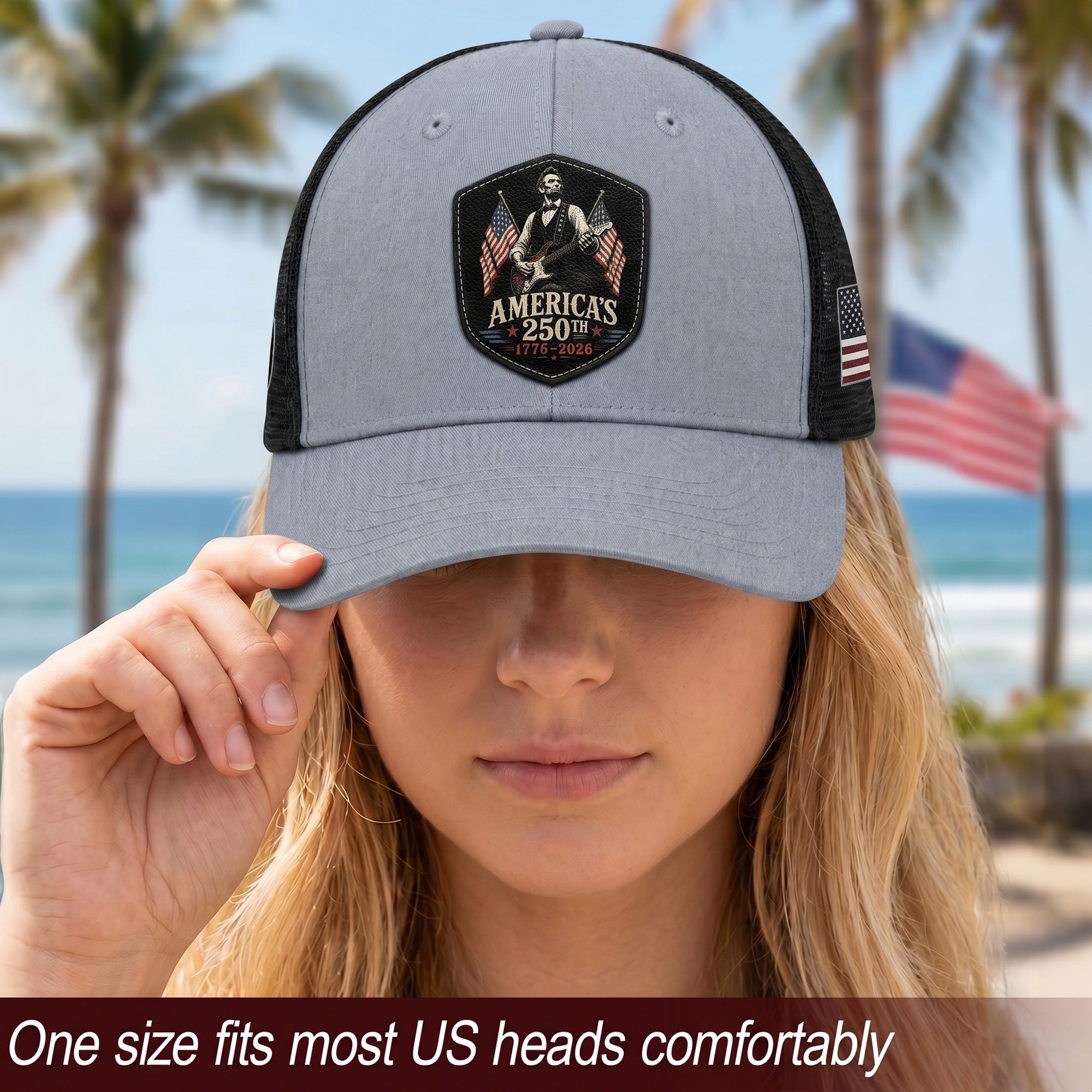 Leather Patch Hat Abraham Lincoln Guitar Flag Cap Patriotic 1776-2026 Anniversary Gift