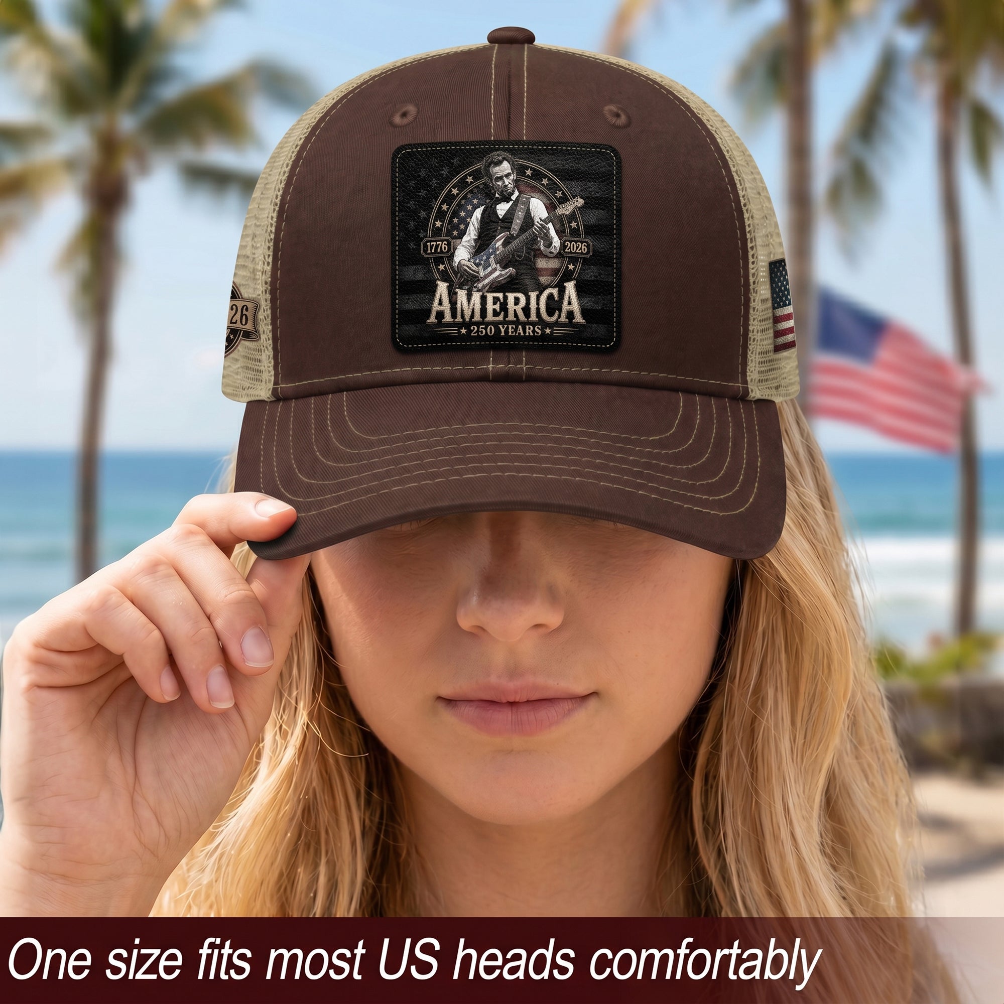 Brown Mesh Cap Abraham Lincoln Guitar 1776-2026 Anniversary Leather Patch Patriotic Hat